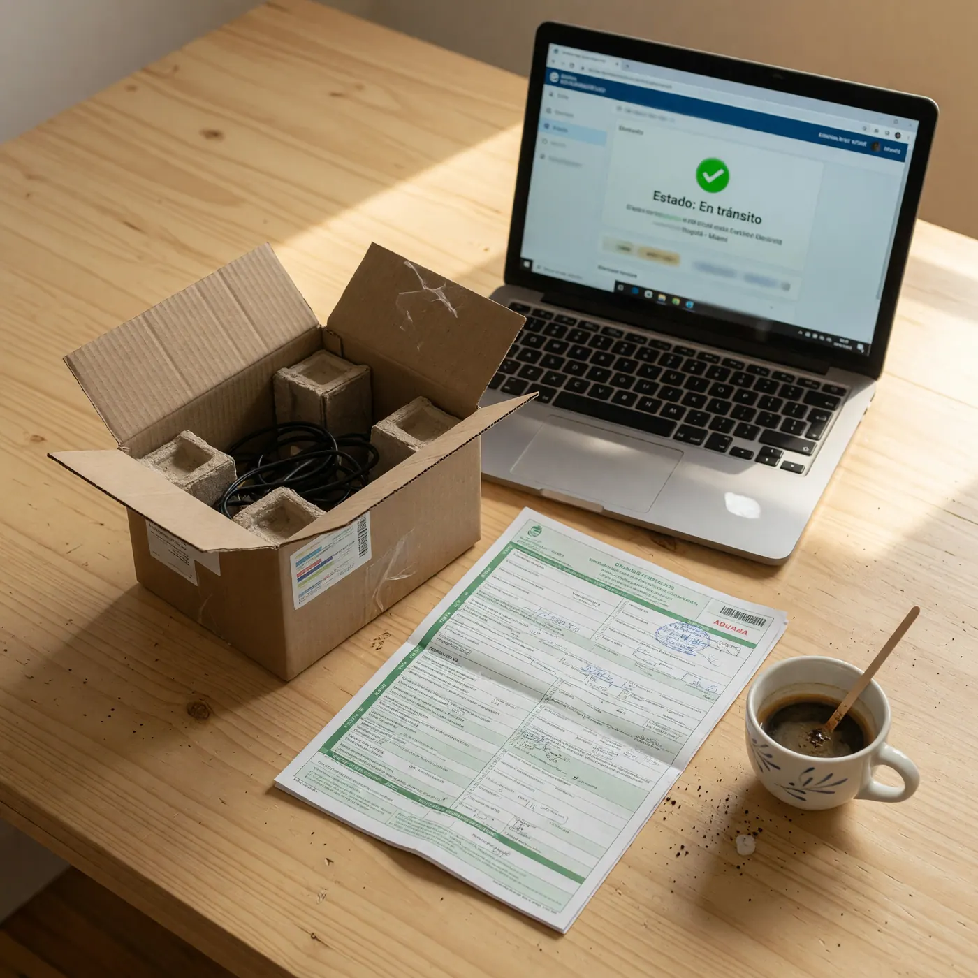 Open electronics carton, customs form, laptop tracking screen, and coffee cup on a wooden table