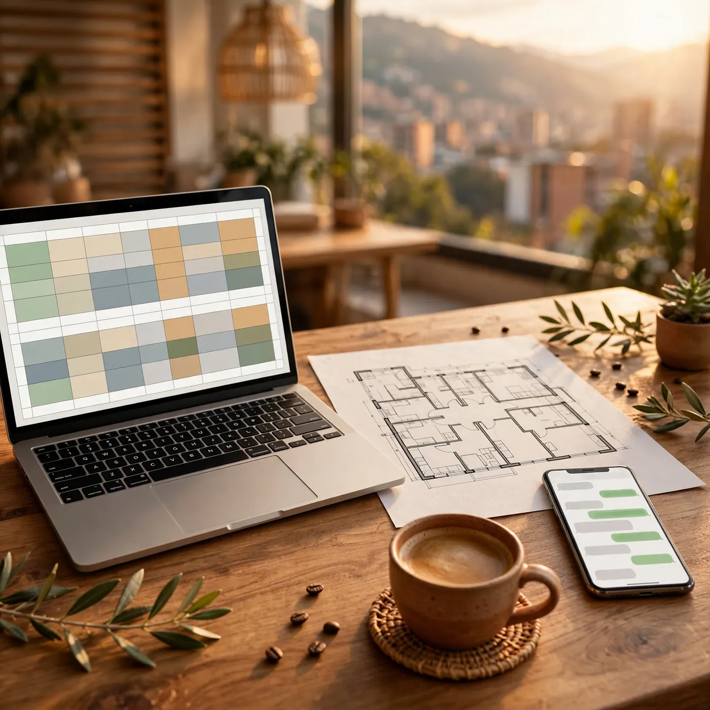 Hoja de cálculo de inventario inmobiliario junto a un plano y un celular con WhatsApp