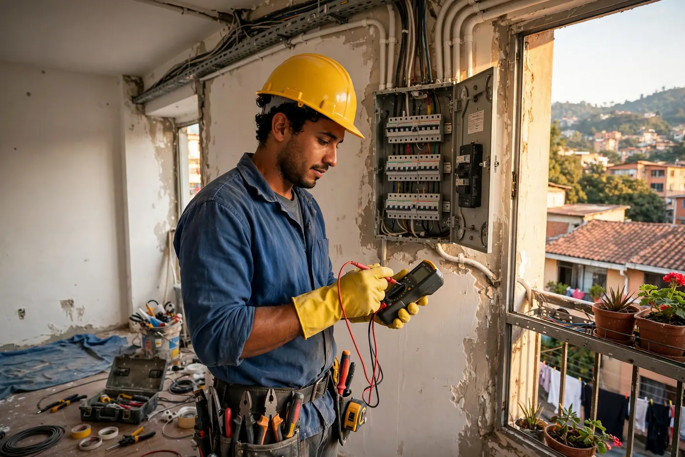 Técnico electricista con casco y guantes revisa un tablero residencial con un multímetro en un apartamento en obra