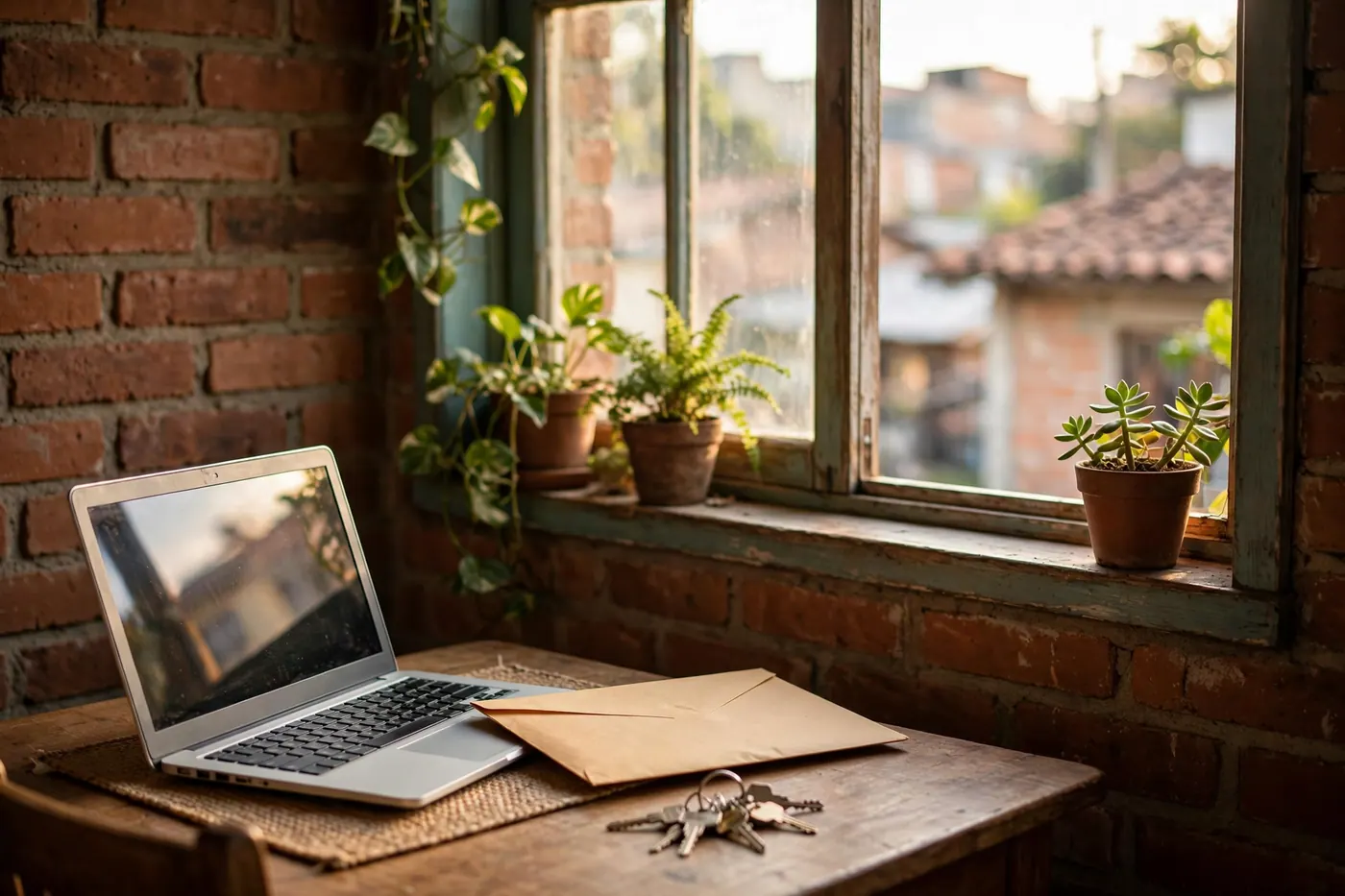 Mesa junto a una ventana de apartamento con computador abierto, llavero y sobre de manila cerrado a la luz de la tarde