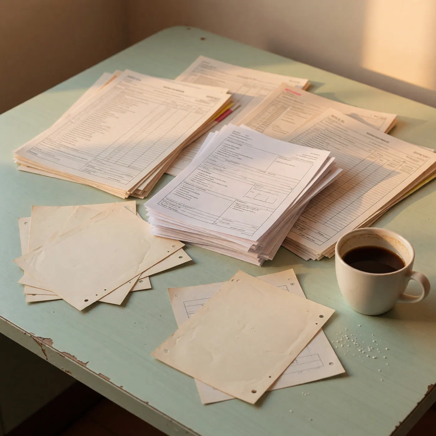 Escritorio de formica con pilas de formularios impresos, hojas sueltas y una taza de café, sin rostros ni documentos legibles