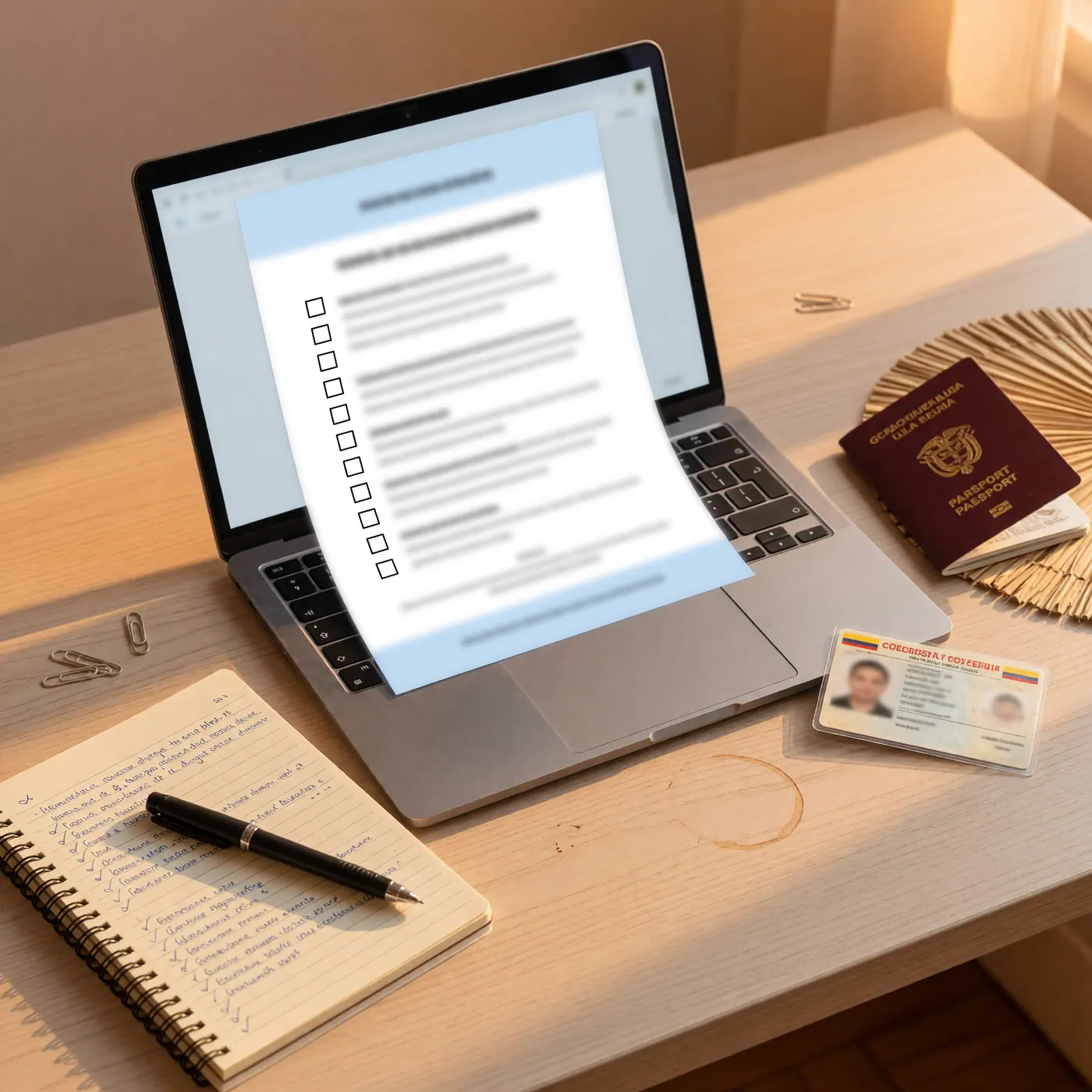 Computador con lista de documentos, pasaporte colombiano, cédula y libreta para preparar una solicitud tributaria