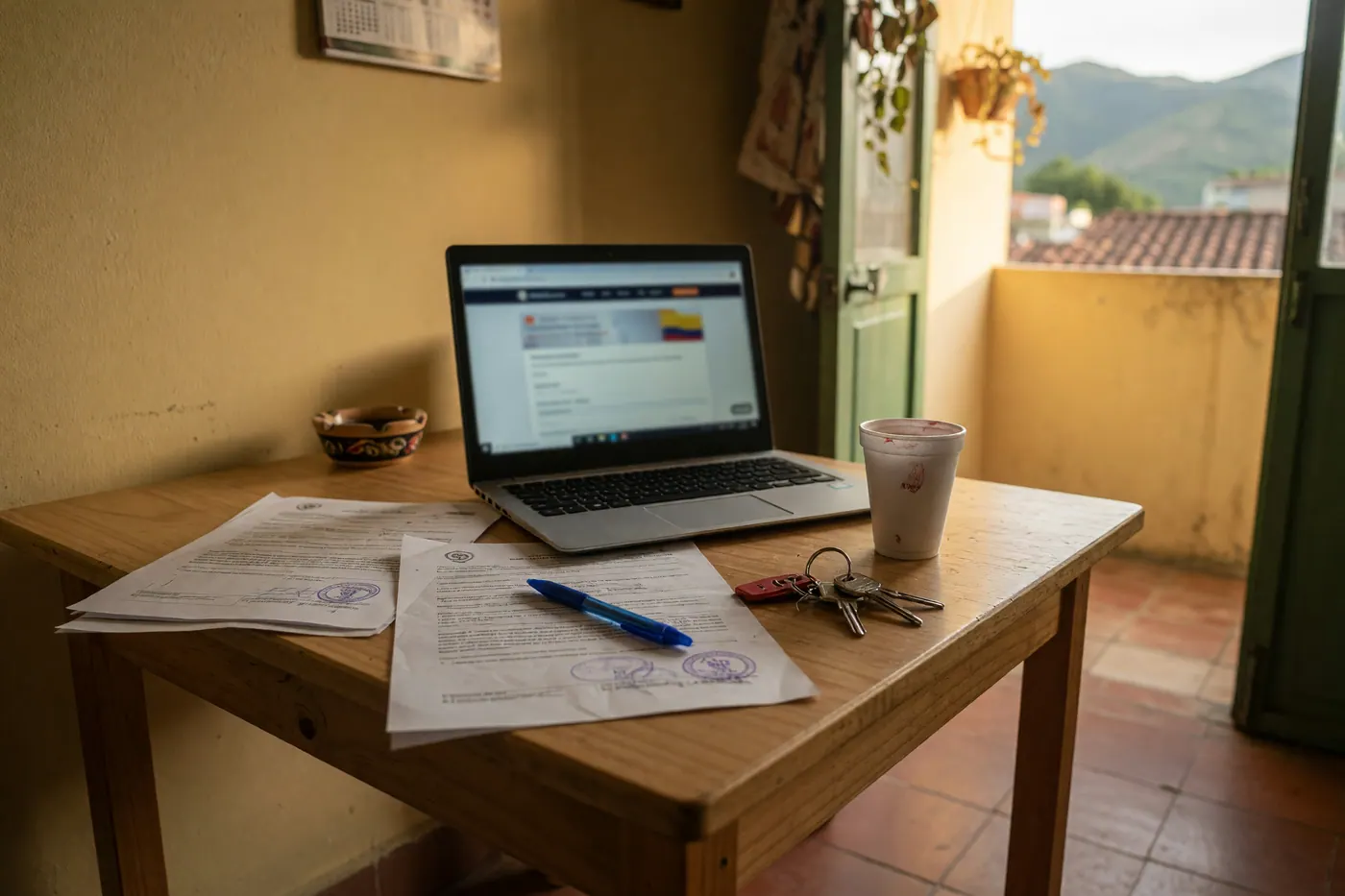 Laptop open to a Colombian government property portal next to printed paperwork, a pen, coffee, and apartment keys on a wooden desk