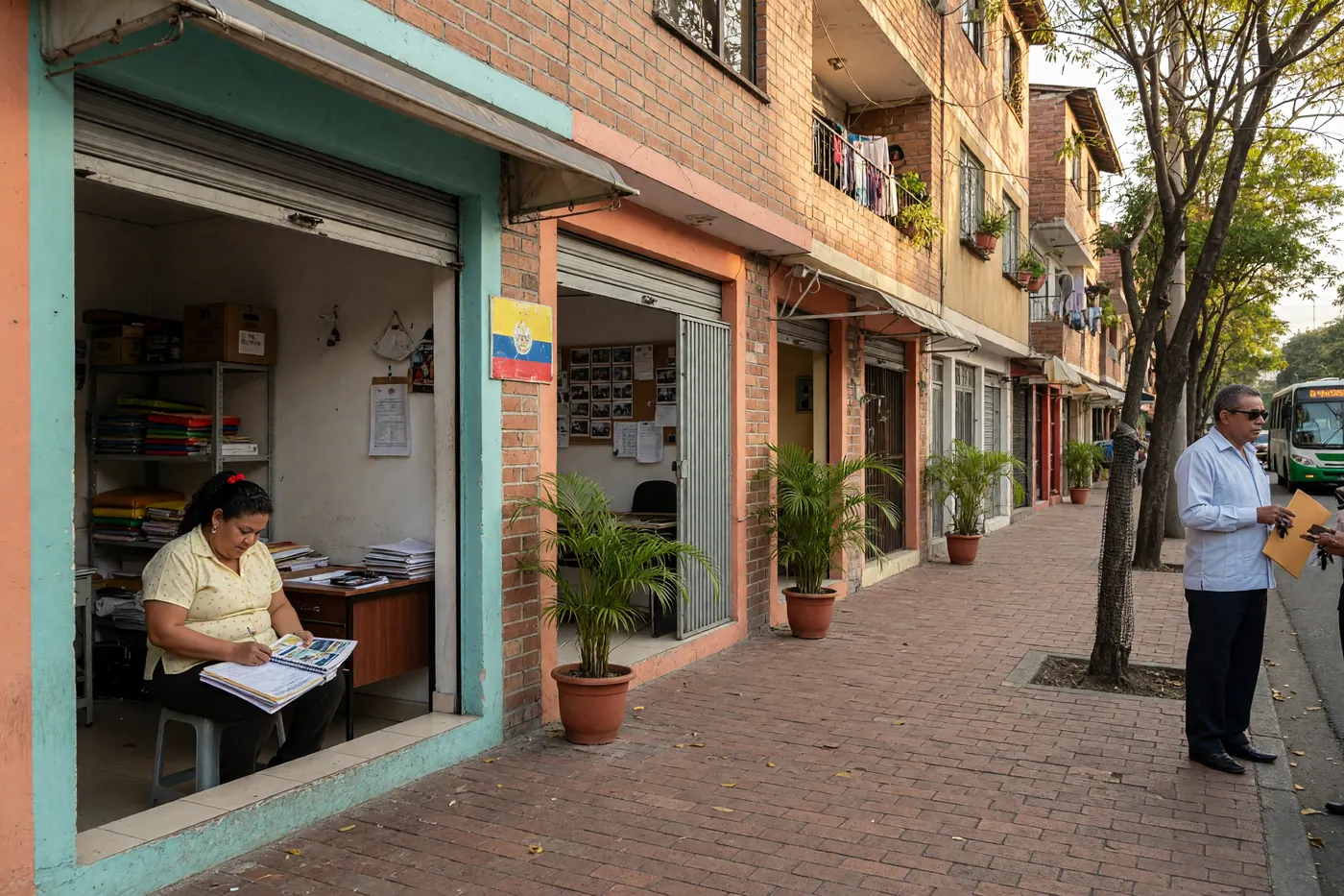Locales y pequeñas oficinas en una calle comercial de Colombia