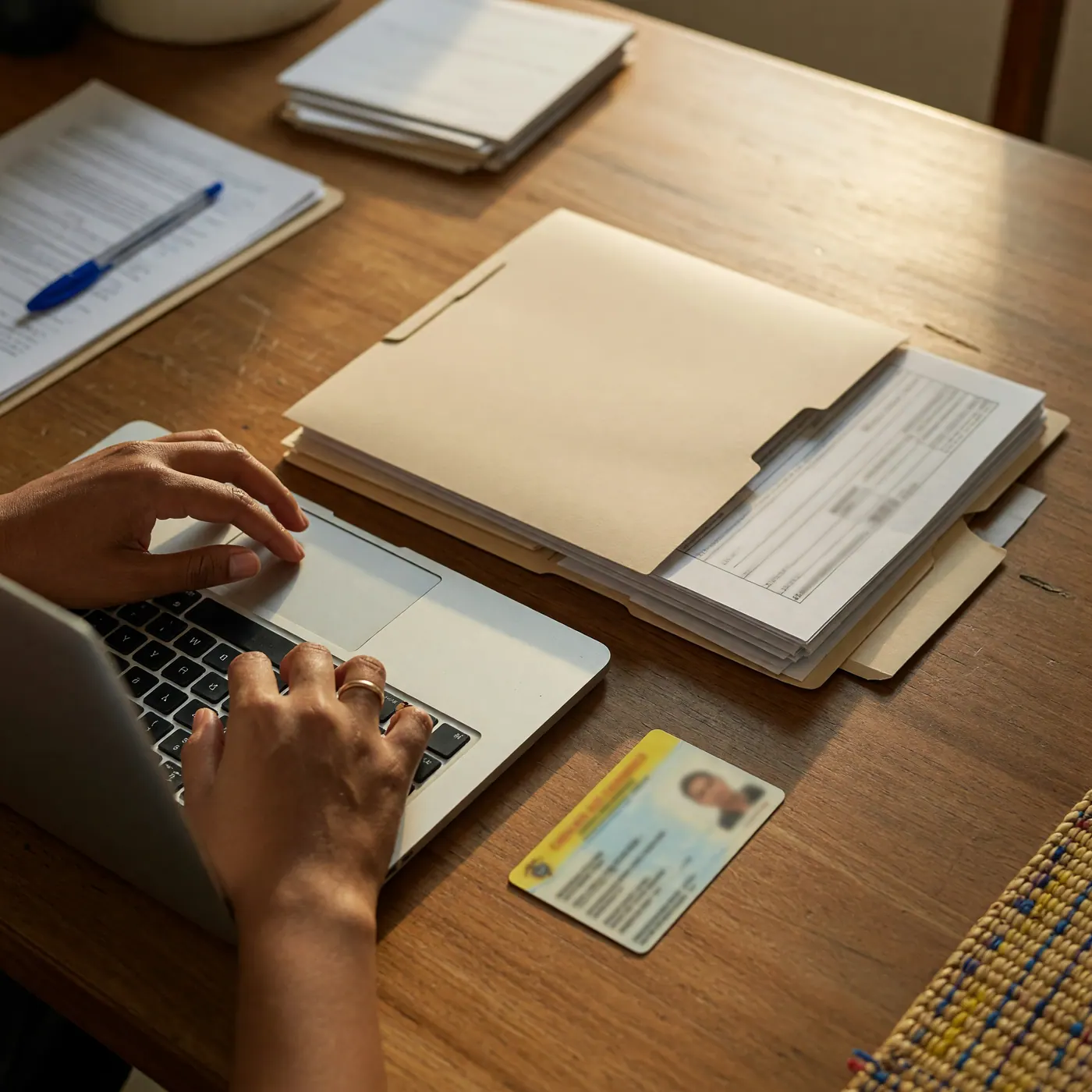 Manos usando un portátil junto a una carpeta de documentos y una cédula colombiana desenfocada