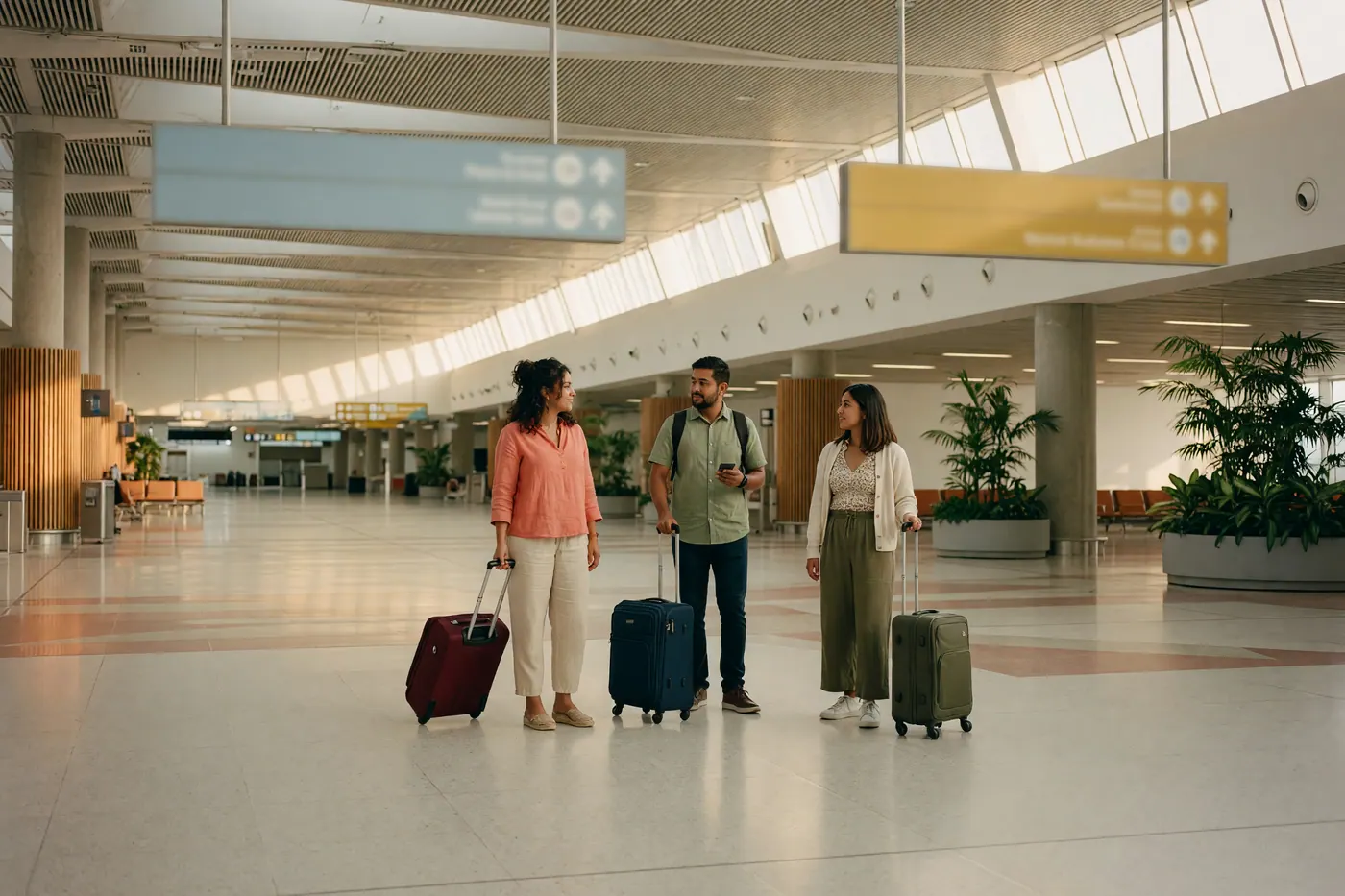 Travelers with suitcases in a modern Colombian airport terminal