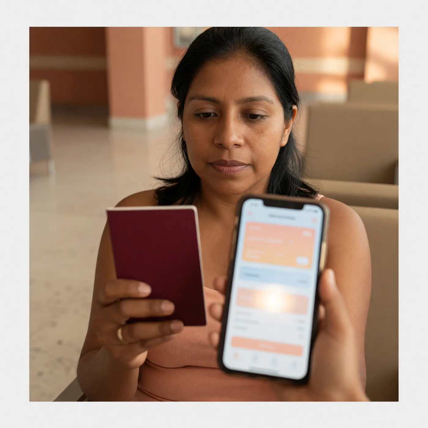 Traveler holding a passport and smartphone displaying a travel document in an airport lounge