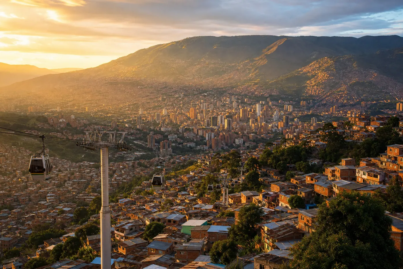 Aerial view of Medellín Colombia nestled in the Andean valley at golden hour