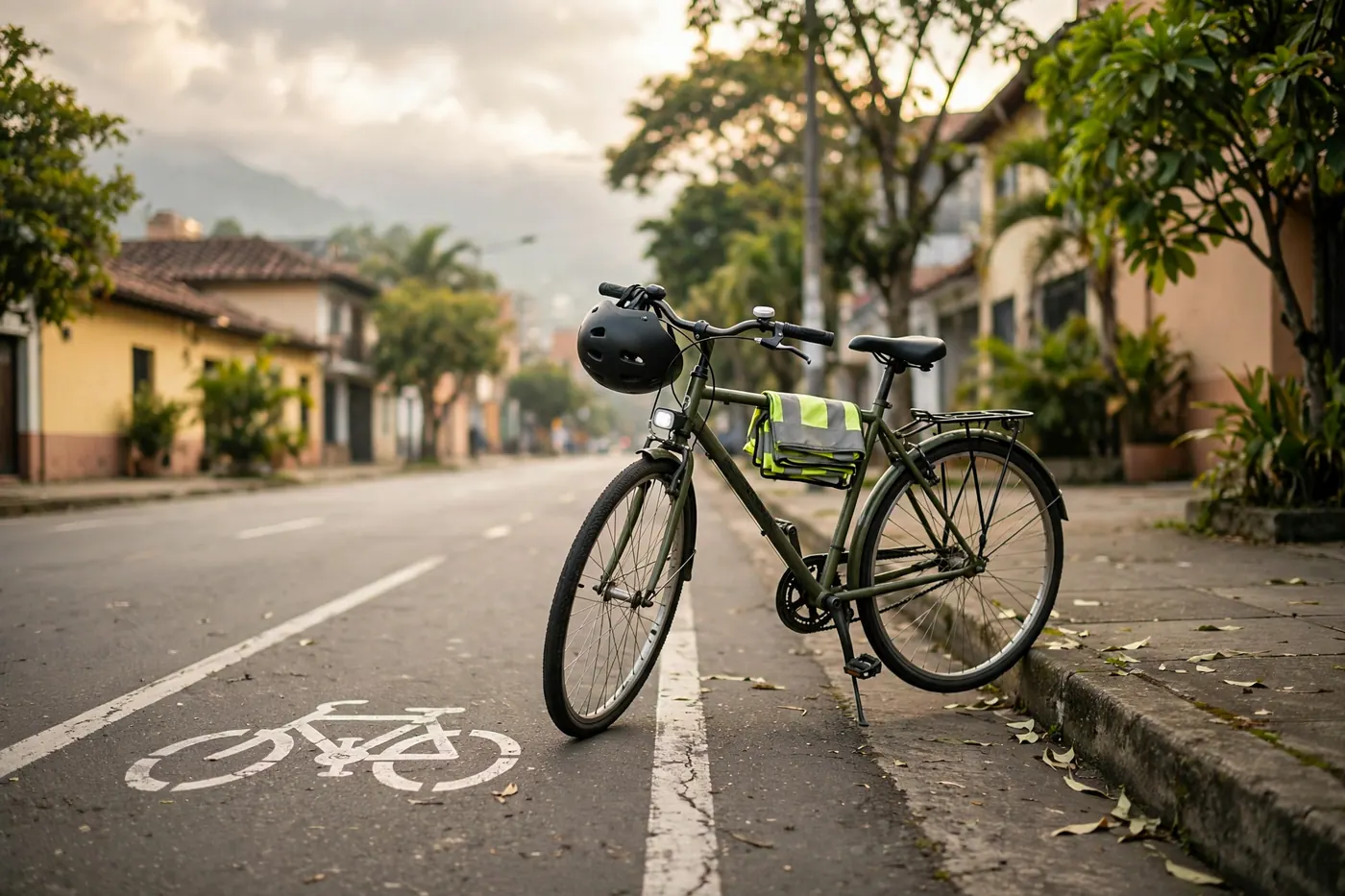 Bicicleta urbana en una ciclorruta, con casco en el manubrio, luz delantera y prenda reflectiva