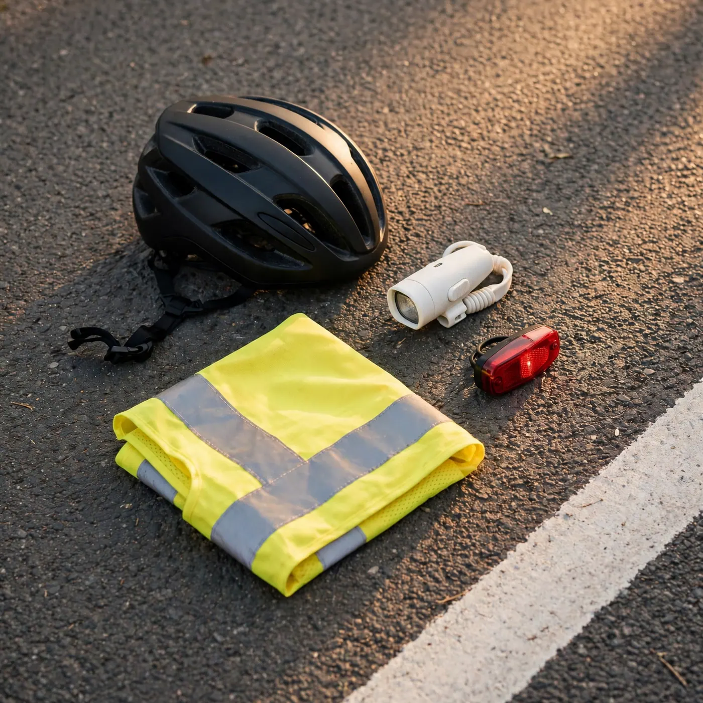 Casco de bicicleta, luz blanca, luz roja y borde reflectivo de un chaleco sobre el asfalto de una ciclorruta