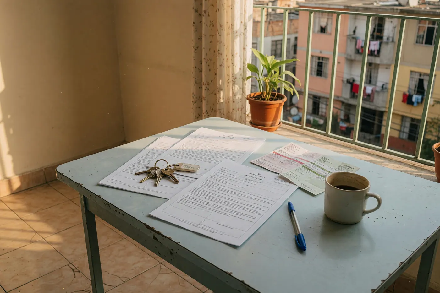 Contratos de arriendo, llaves, recibos, bolígrafo y taza de café sobre una mesa de apartamento