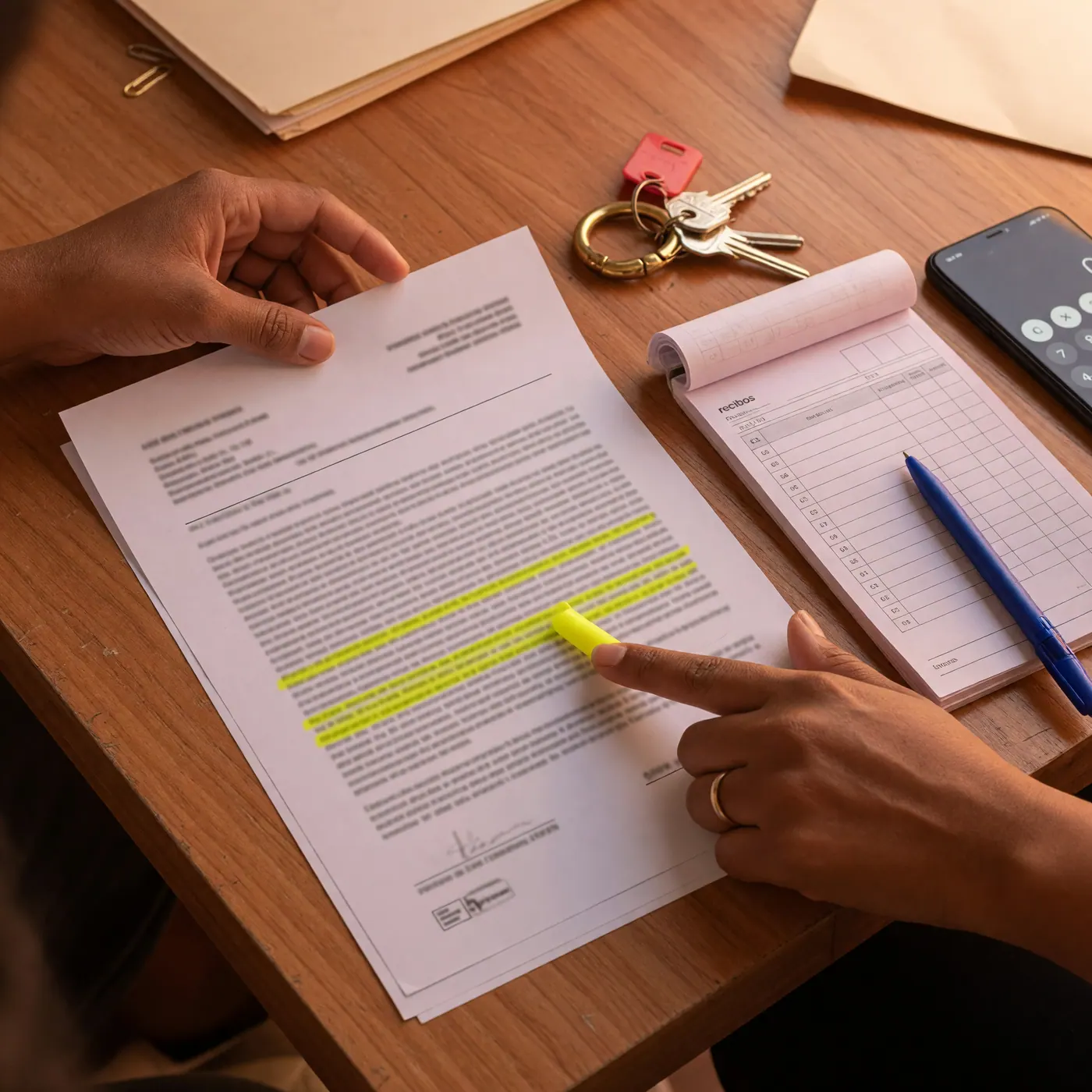 Manos revisando un contrato resaltado junto a llaves, recibos, bolígrafo y calculadora del celular