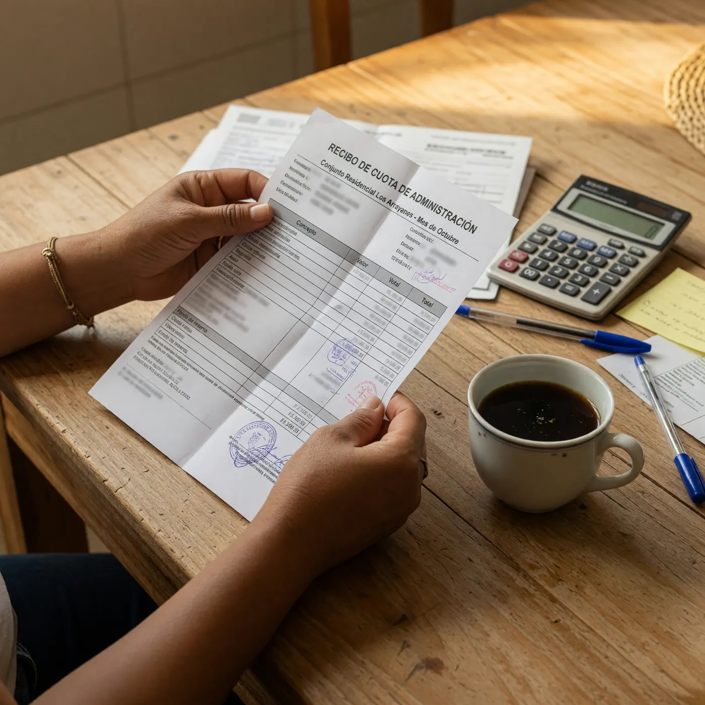 Manos revisando un recibo impreso de cuota de administración junto a un tinto y una calculadora