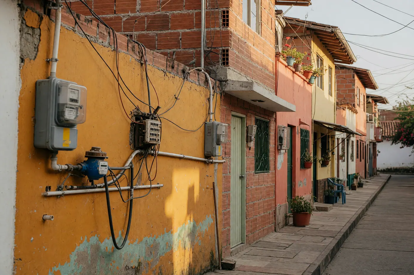 Calle residencial colombiana con medidores de agua y energía montados en fachadas de ladrillo
