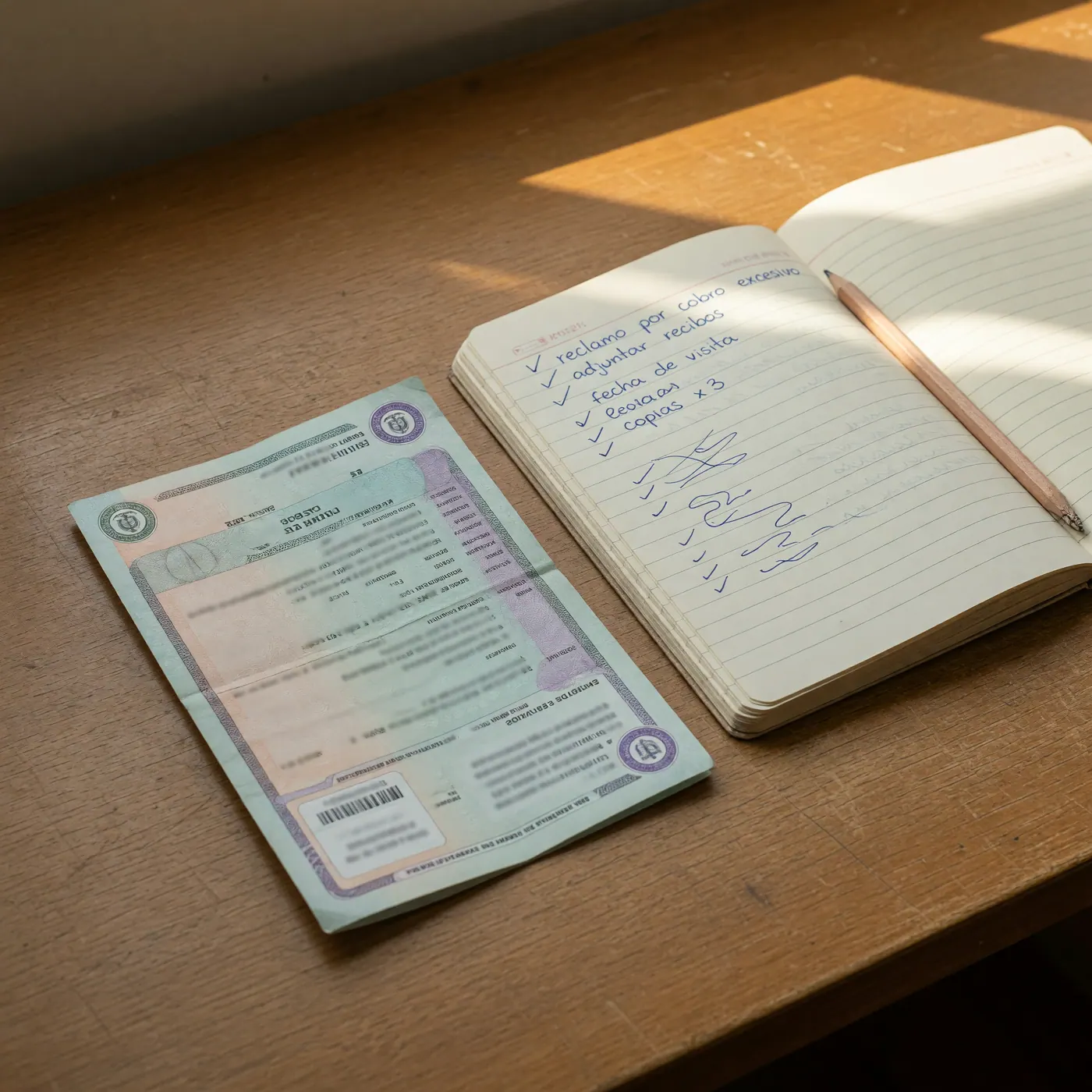 Factura impresa de servicios públicos sobre una mesa de madera junto a una libreta con una lista manuscrita de pasos para un reclamo