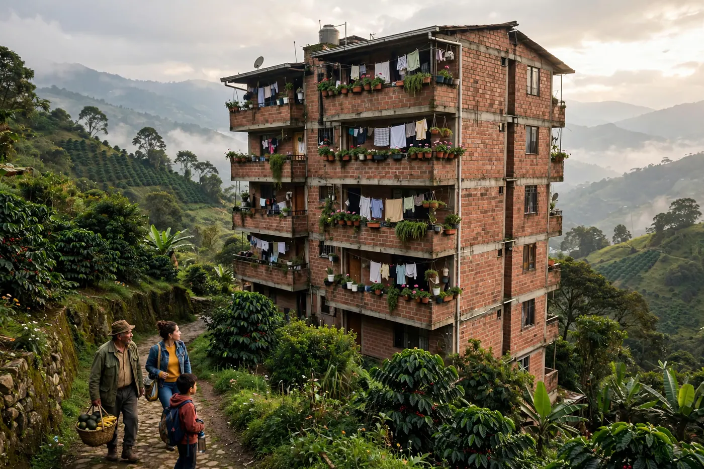 Brick apartment block on a green hillside with balconies, potted plants and laundry, with hazy mountains behind