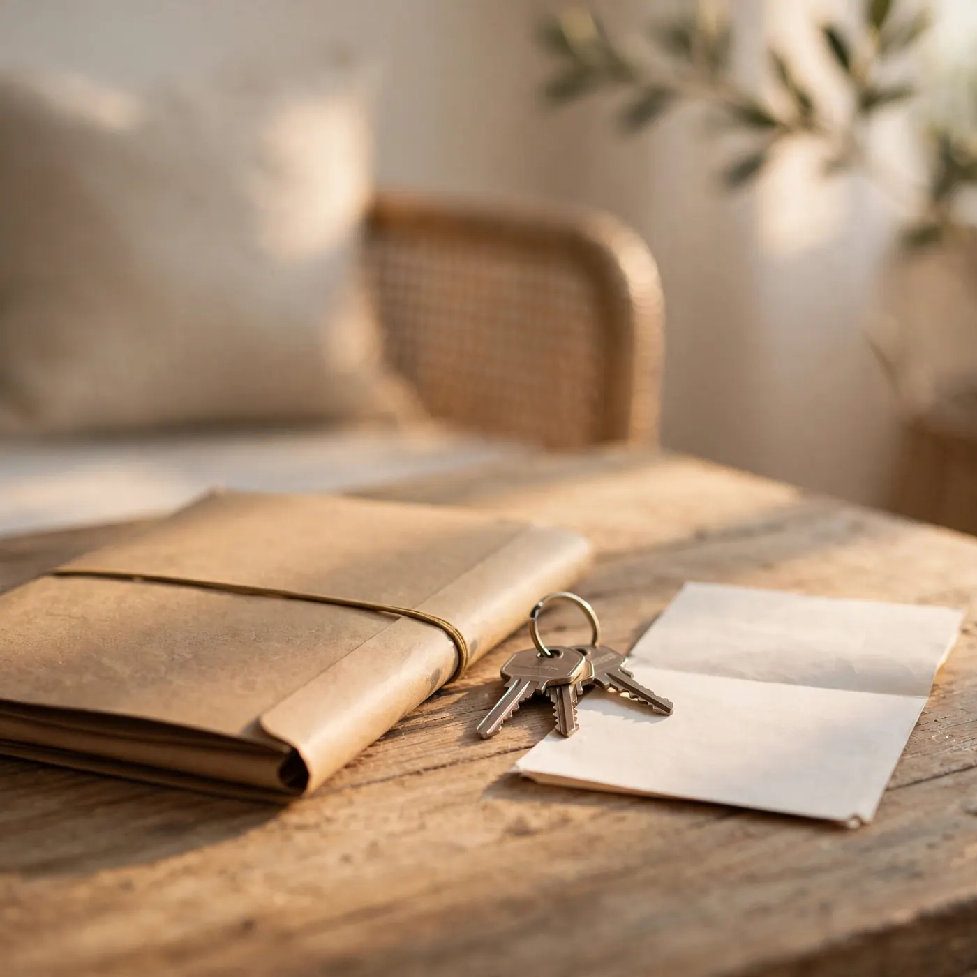 Keys and a closed lease folder on a wooden table in a simple furnished living room, with a utility bill beside them