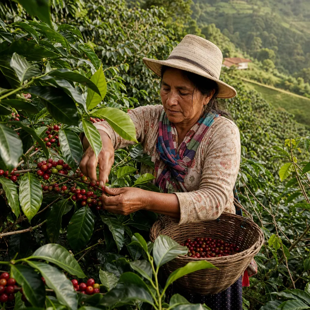 Coffee picker harvesting ripe red cherries on a Colombian hillside farm
