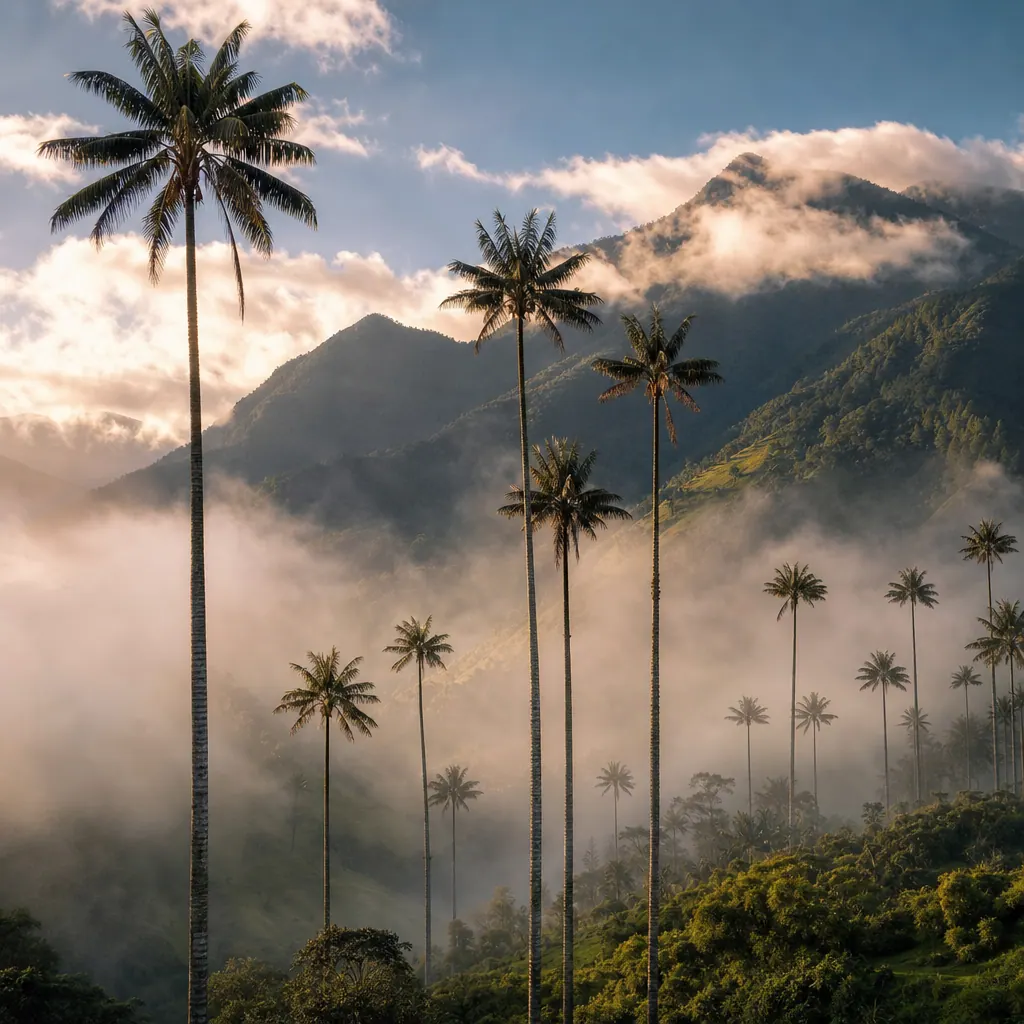 Wax palm trees rising above misty cloud forest in Cocora Valley, Colombia