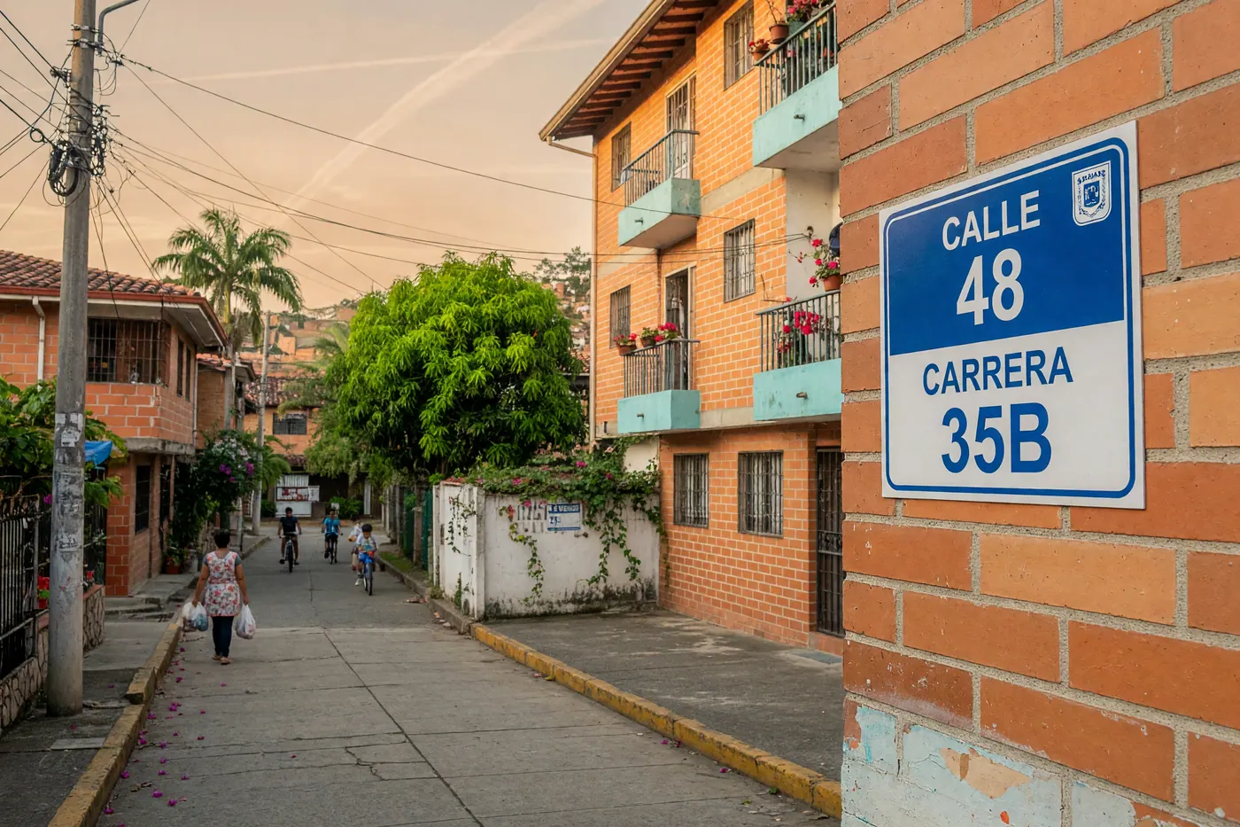 Street corner in Medellín showing a brick apartment building with a standard Colombian Calle and Carrera street address plaque.