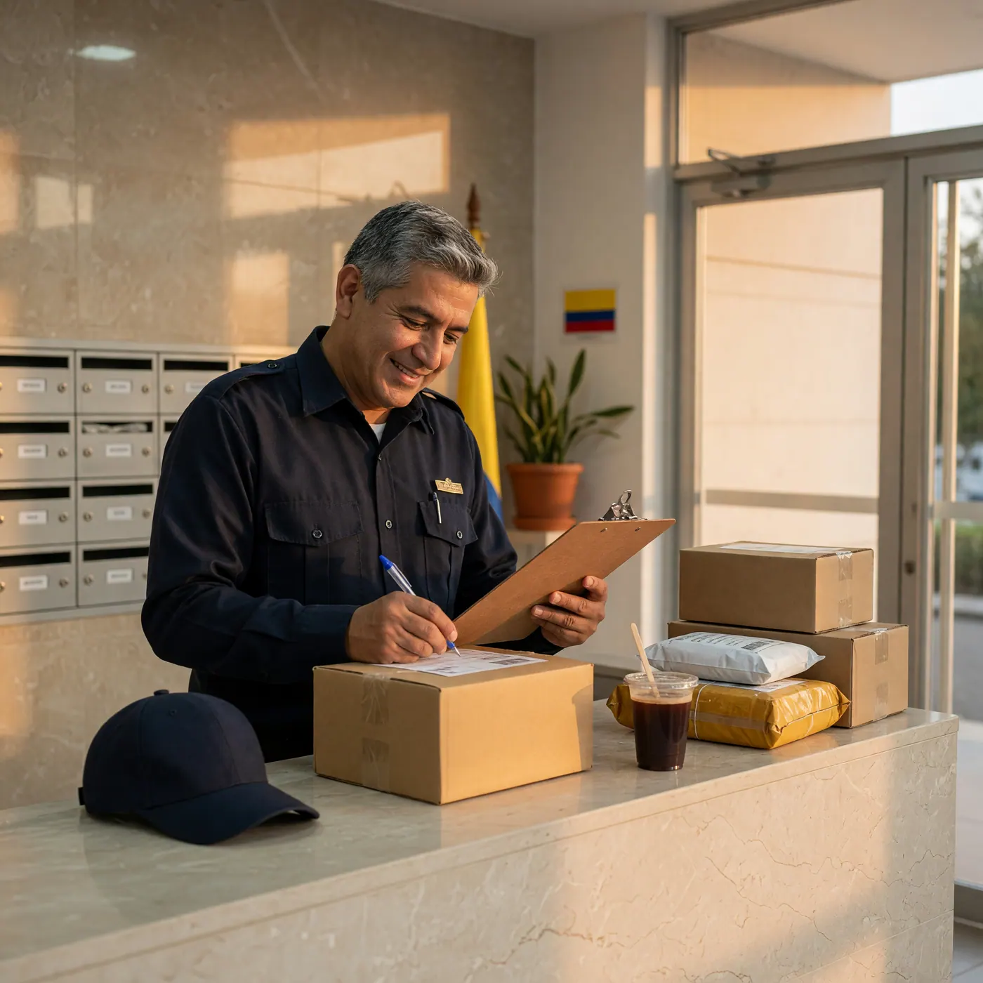 Apartment building lobby front desk with a security guard logging incoming delivery packages.
