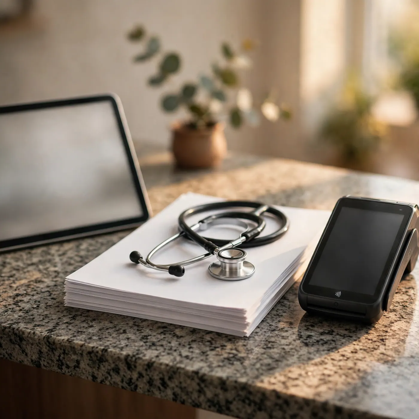 Stethoscope on blank clinical papers beside a payment terminal and tablet on a granite desk
