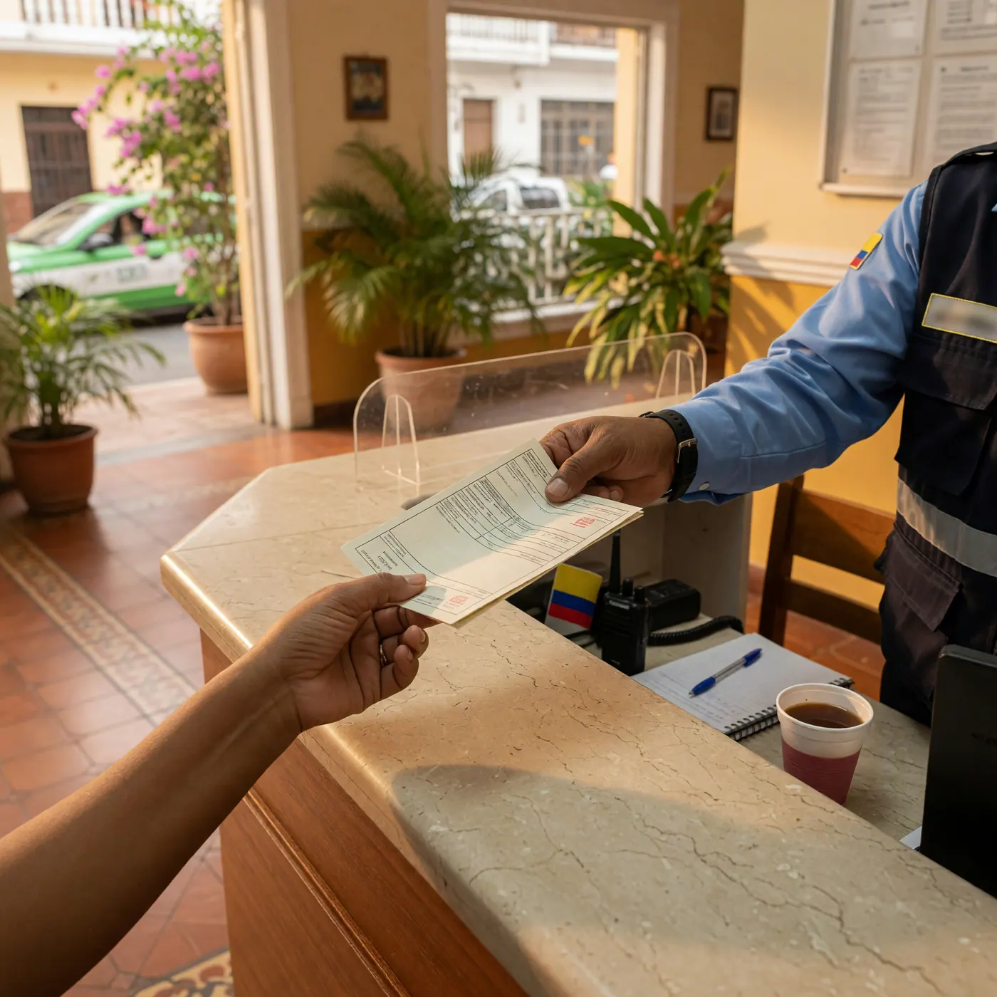 A close-up of a person receiving a monthly administration bill from a security guard in a Colombian apartment lobby.