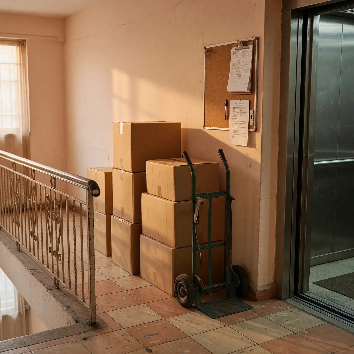Stacked moving boxes and hand truck near a Colombian apartment building elevator, with a reservation notice board in the tile hallway
