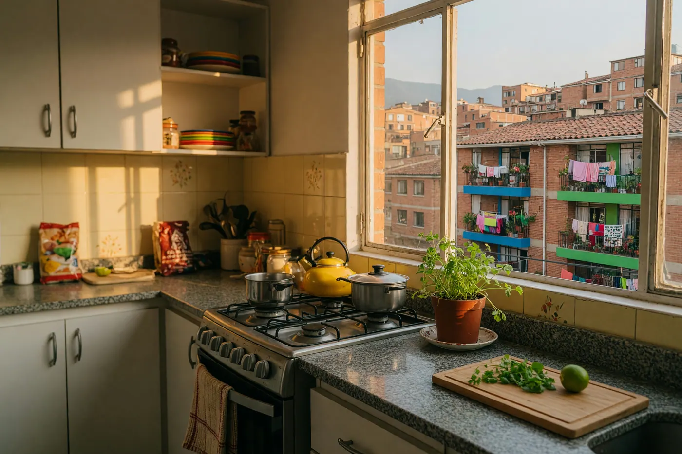 A modern Colombian apartment kitchen with a clean gas stove and brick buildings visible through the window.