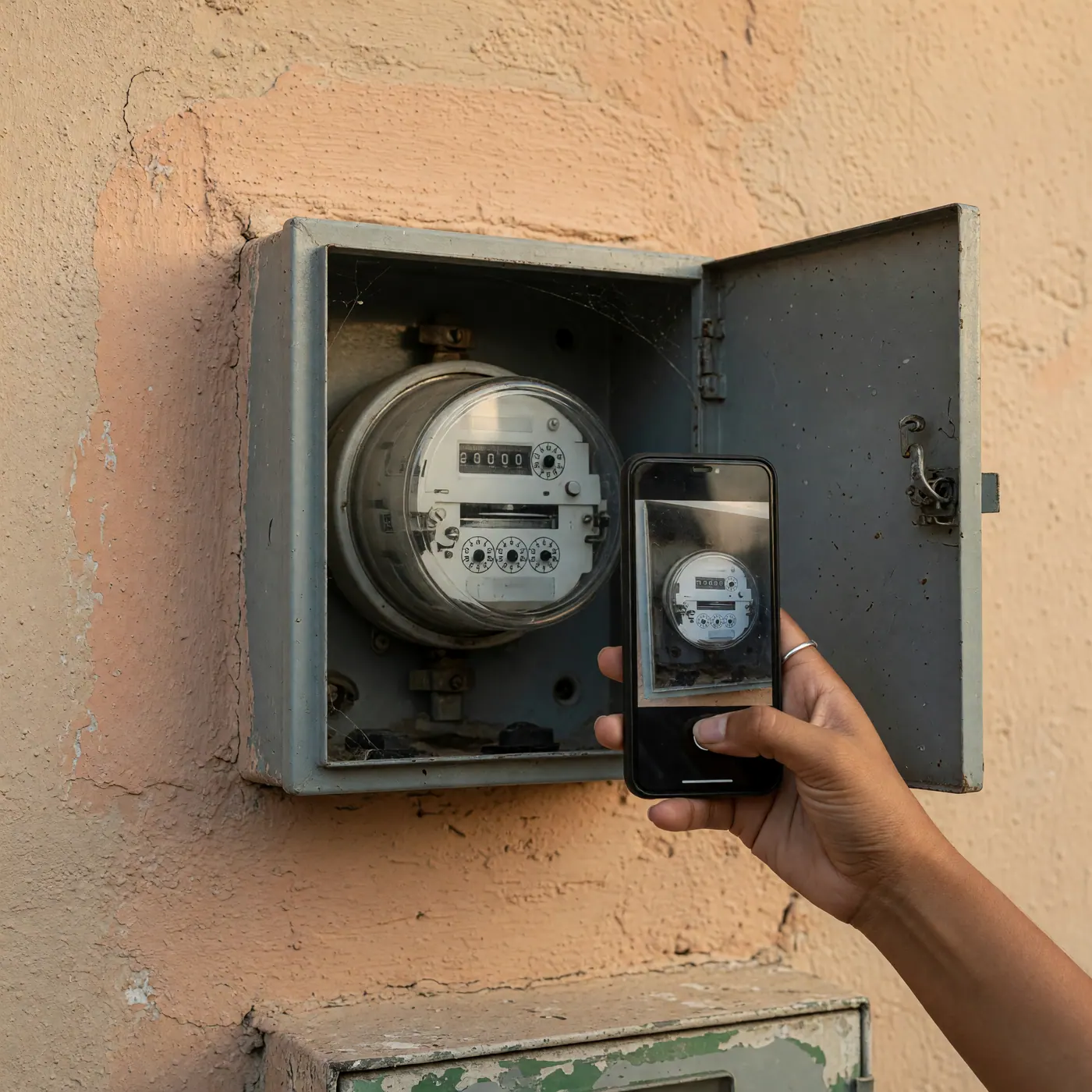 A person taking a photo of a utility meter inside a wall box during an apartment inspection in Colombia.