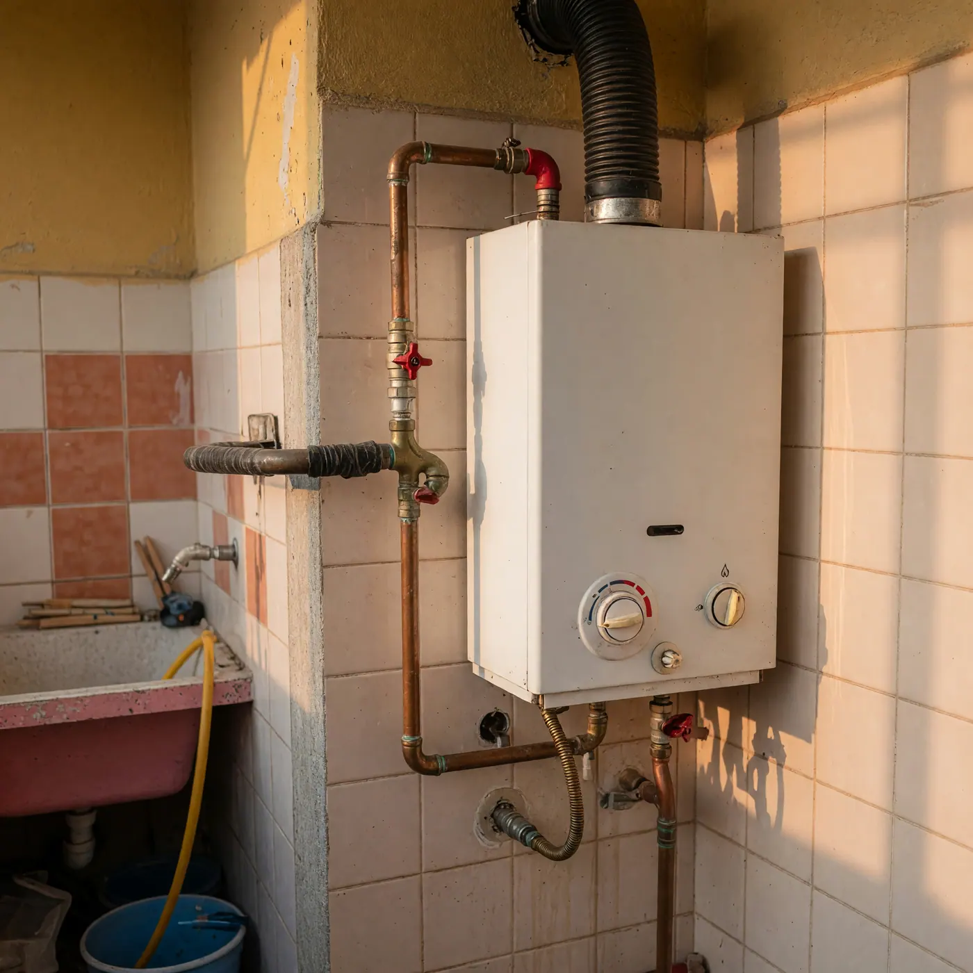 A gas water heater mounted on a tiled wall in an apartment laundry area
