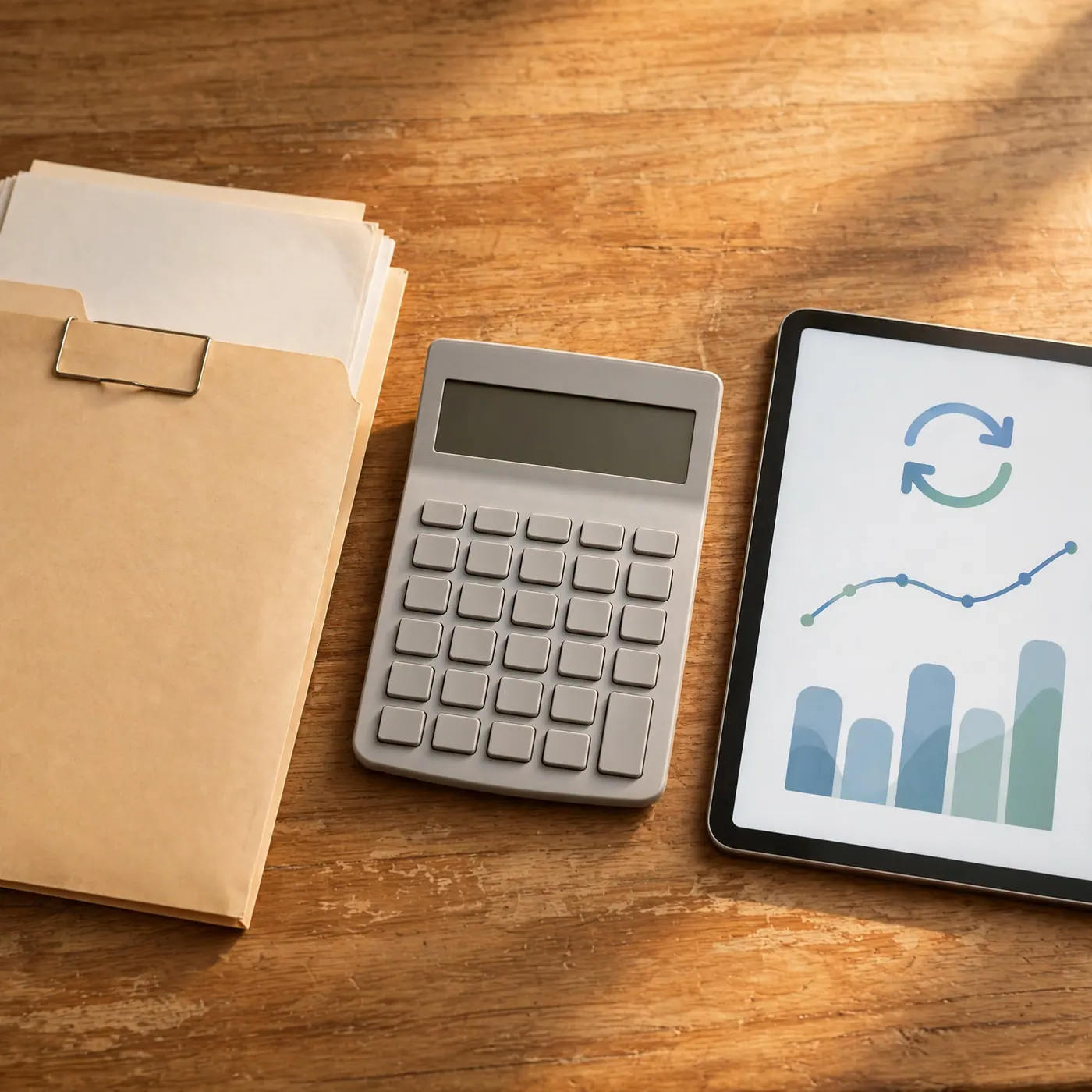 Manila folder of documents, a calculator, and a tablet showing a chart on a wooden table for a foreign-exchange review