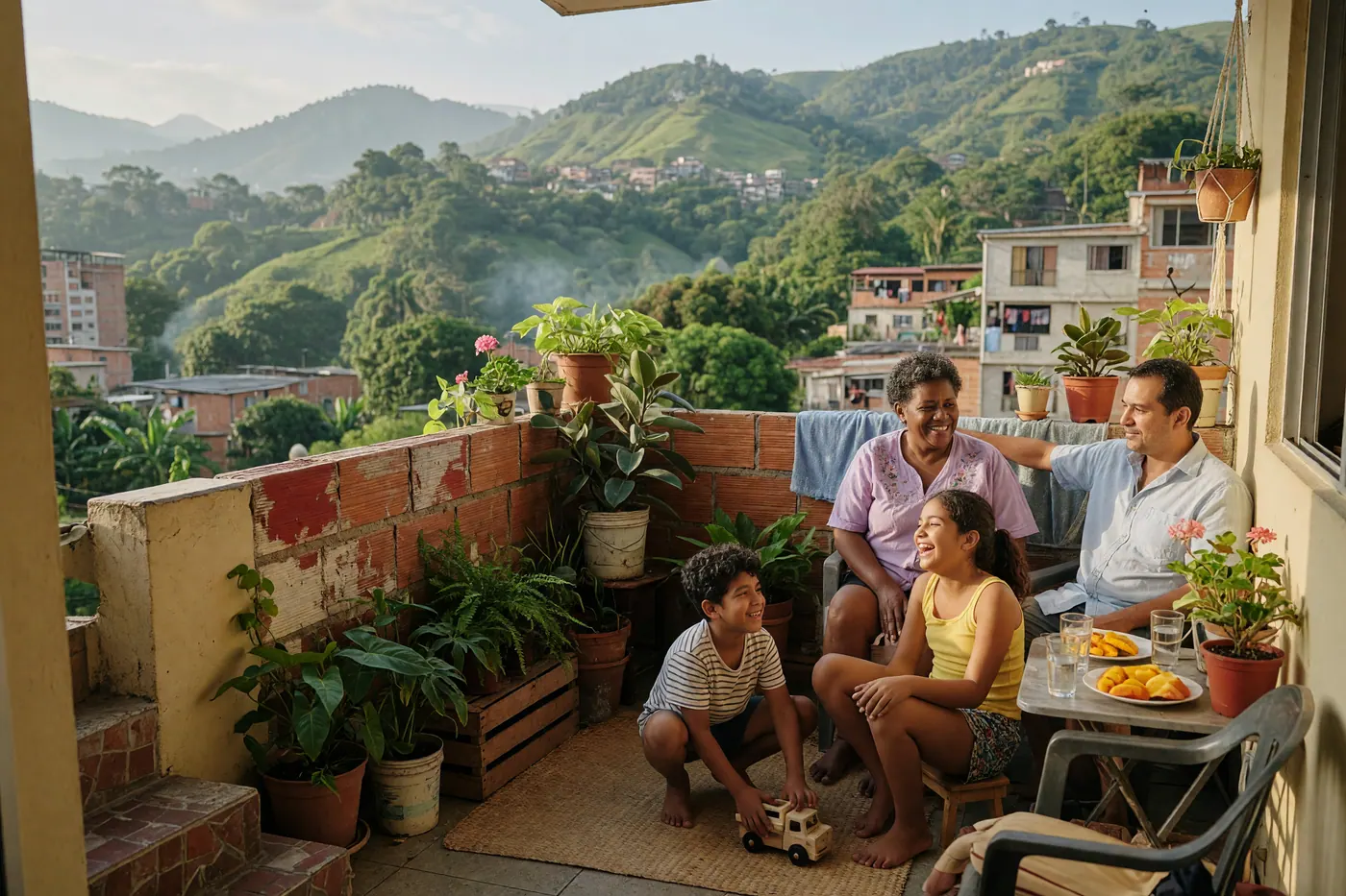 Family sitting together on an apartment balcony overlooking green Medellín hills