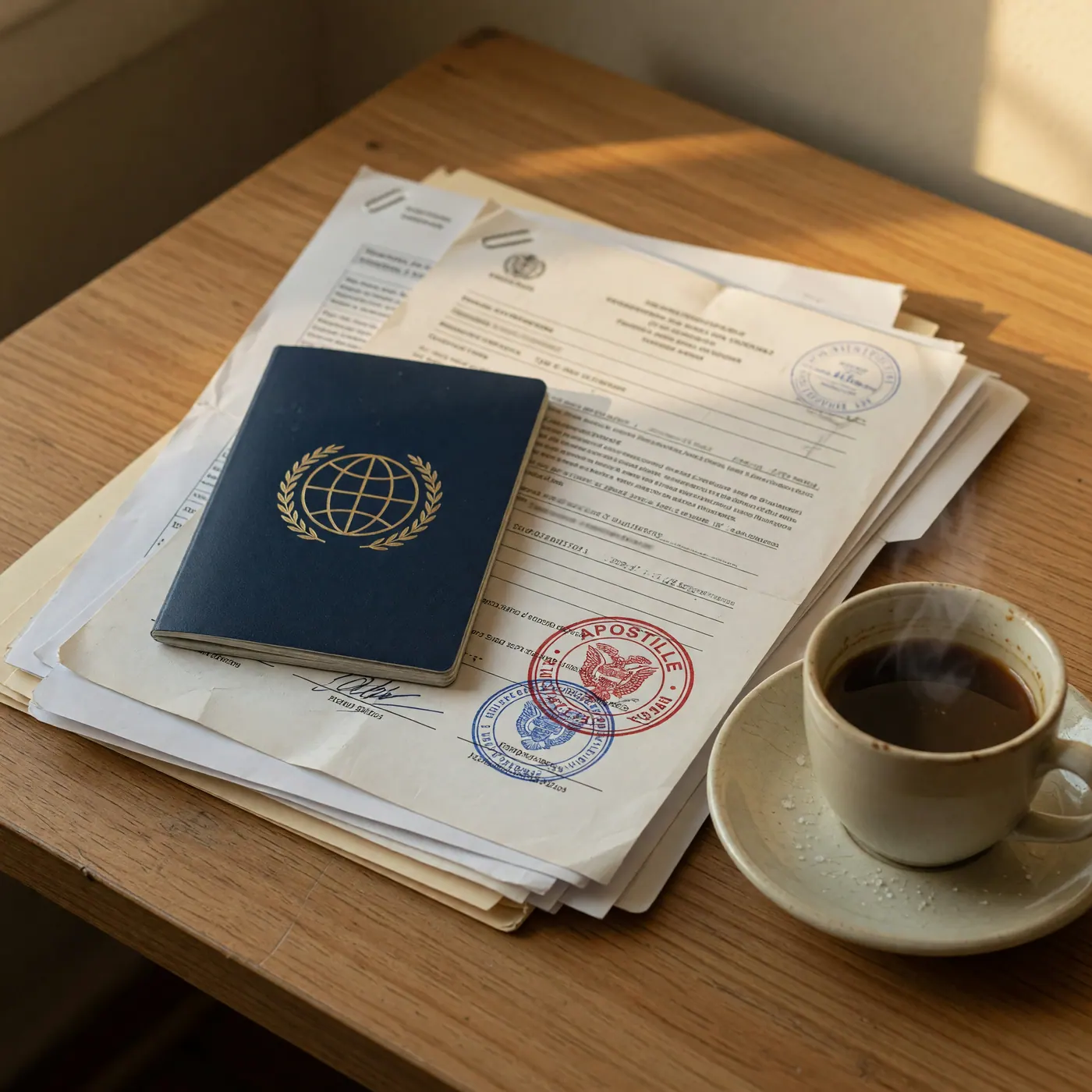 Closed passport and apostilled legal documents on a wooden desk