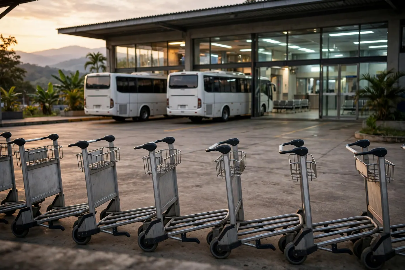Open-air coach platform at dusk with two buses at marked bays, a row of metal luggage carts and a lit ticket hall