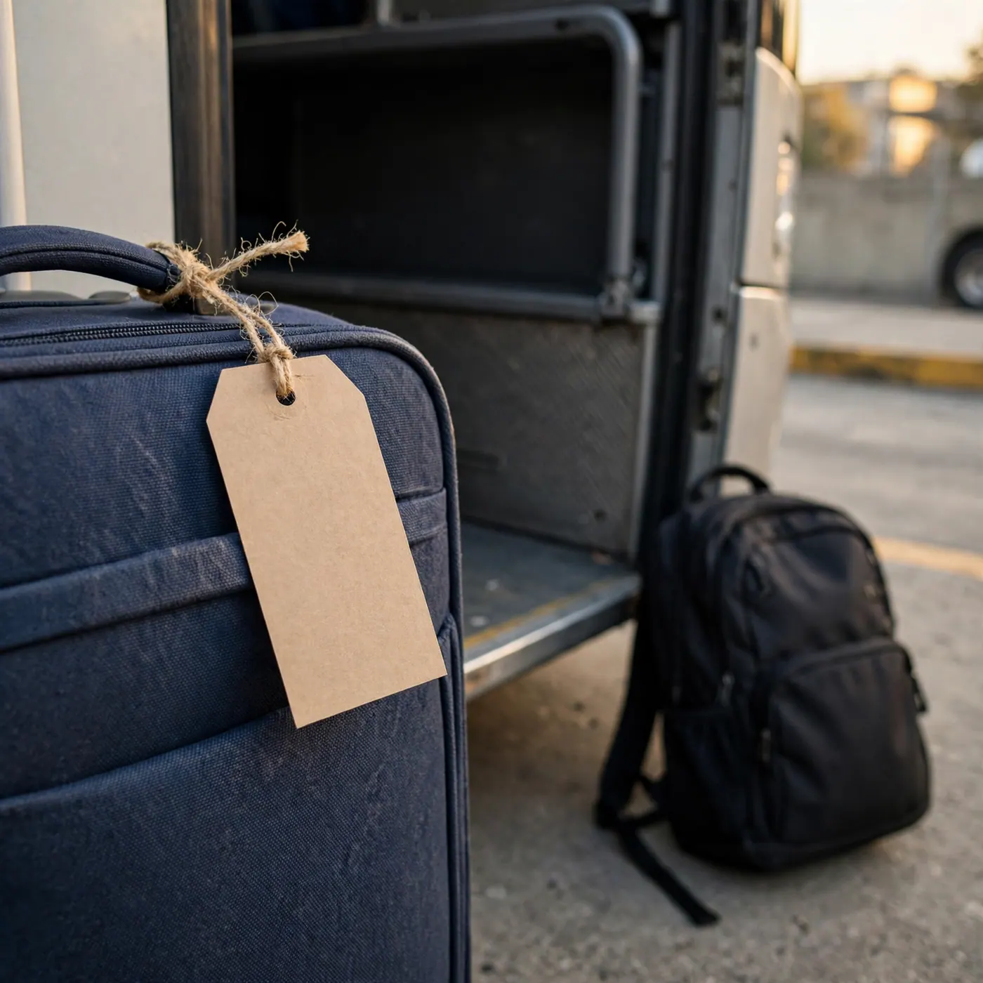 Paper baggage claim tag tied to a soft suitcase handle beside a coach luggage-hold door, with a small backpack nearby