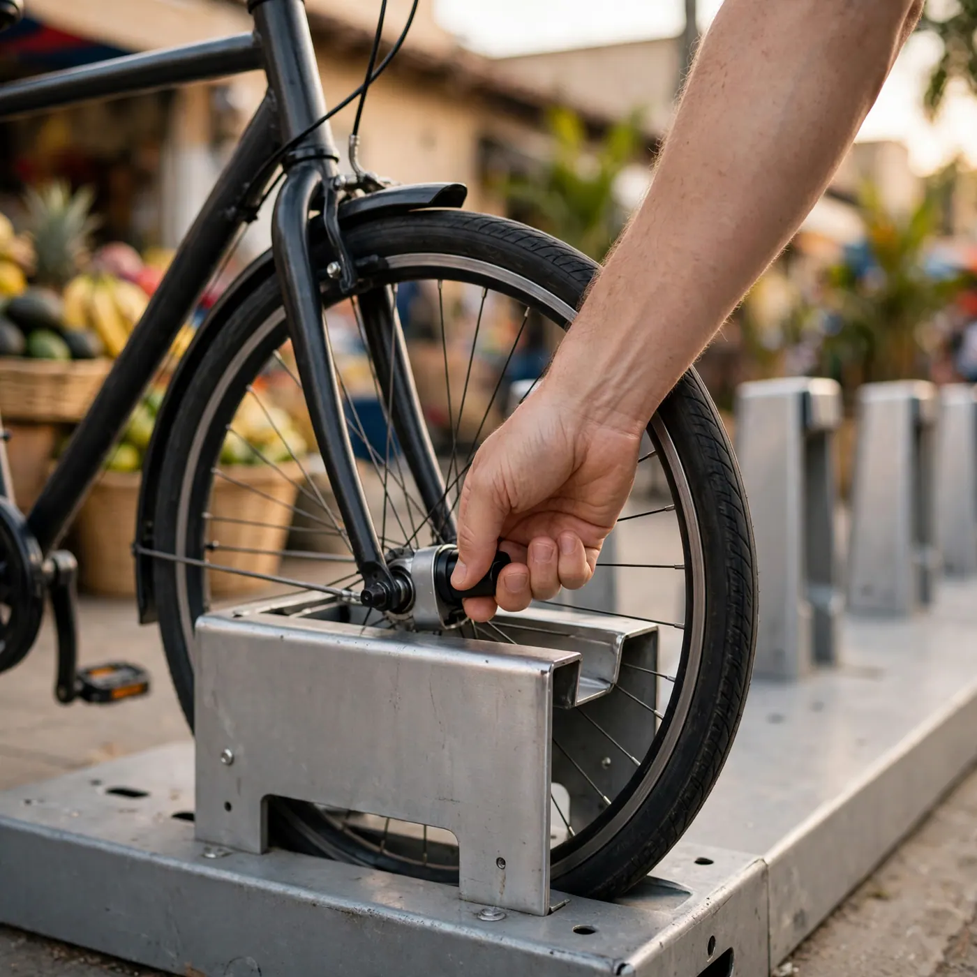 Hand guiding a plain city bike into a metal docking station module in daylight