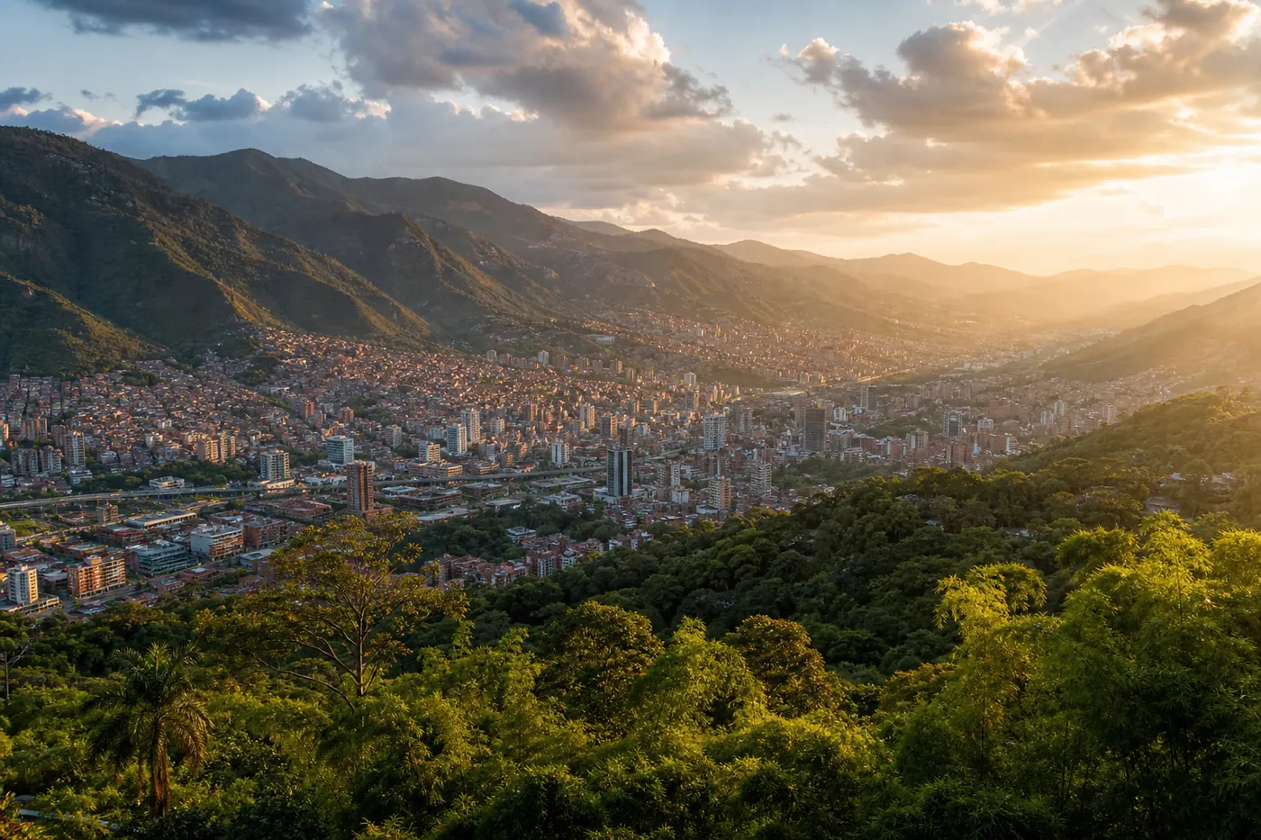 Aerial view of Medellín's Aburrá valley at golden hour, green mountains and warm light