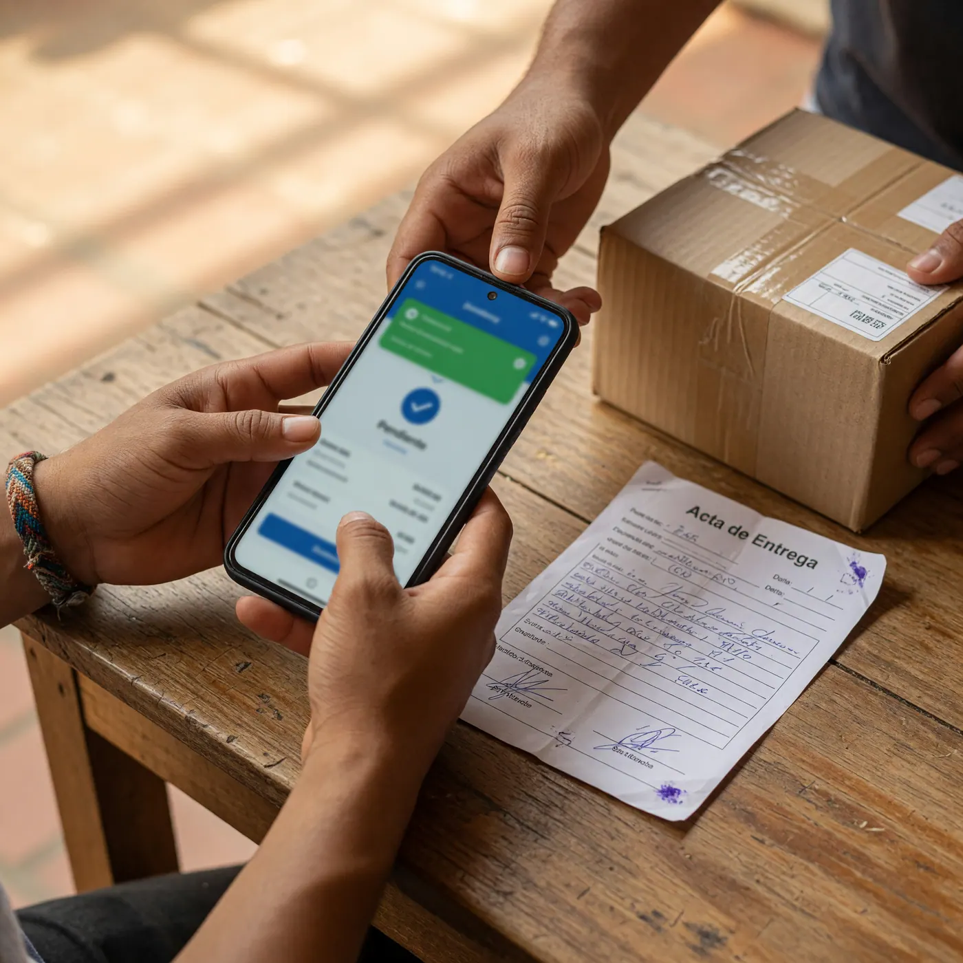 Hands checking a phone beside a signed delivery receipt and packaged box.