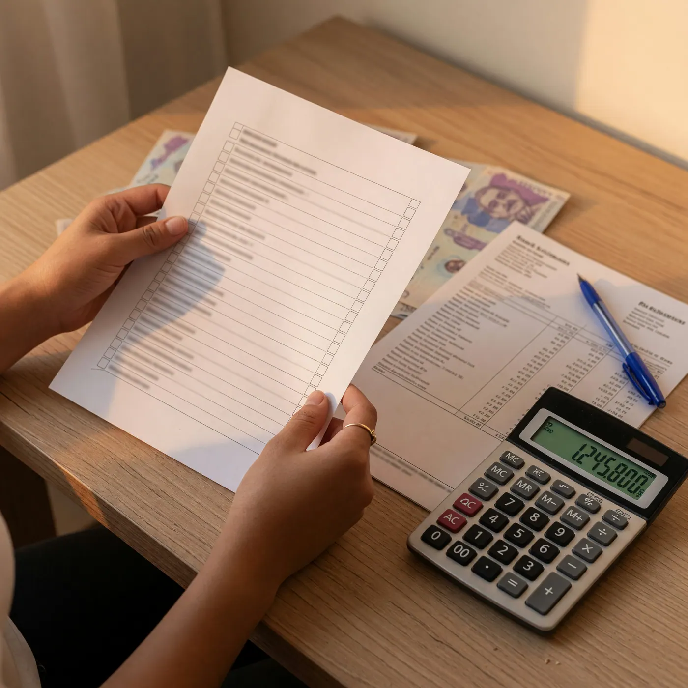 Hands reviewing bank statements beside a calculator and printed checklist
