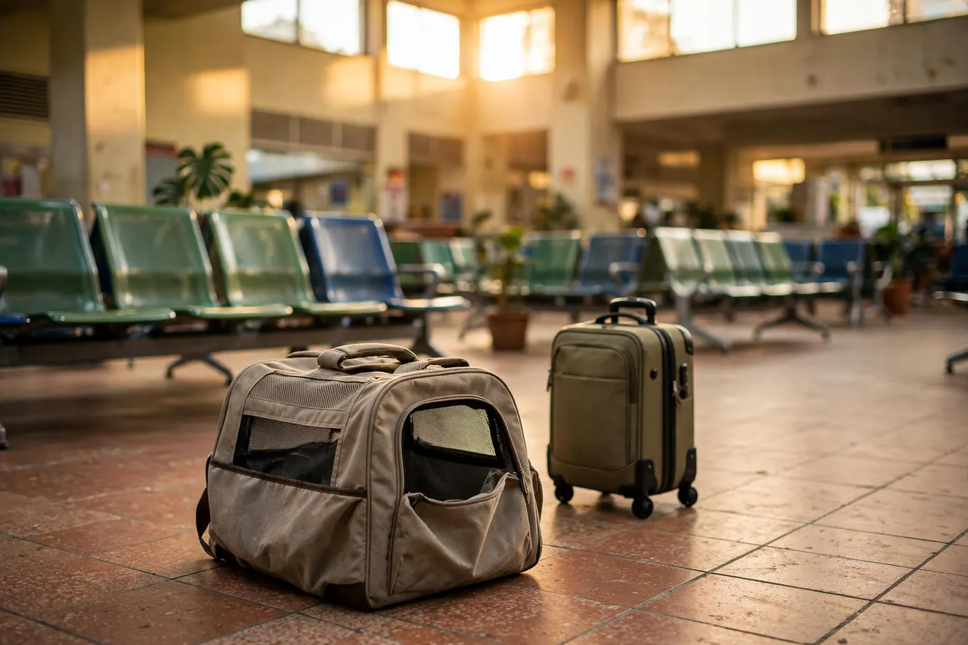 Soft-sided pet carrier beside a small wheeled suitcase on the tiled floor of a busy bus terminal waiting area