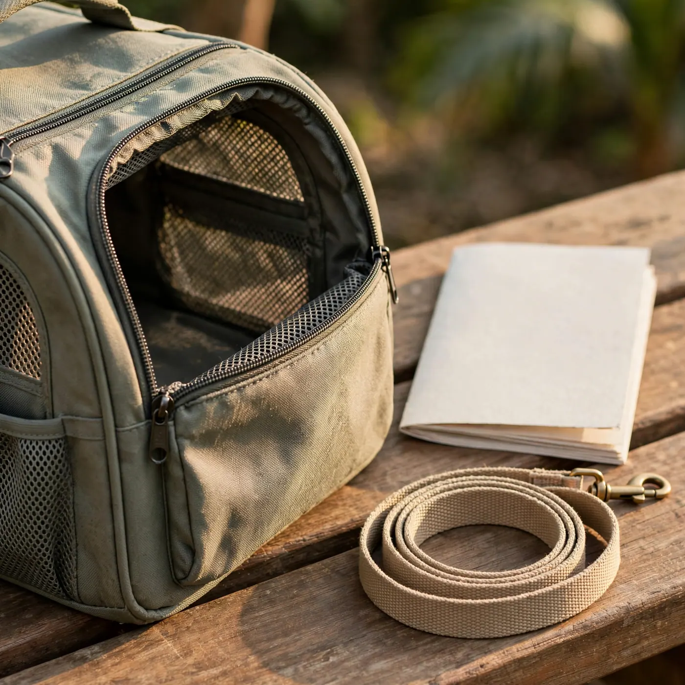 Soft pet carrier with vents and zipper beside a paper vaccination booklet and a fabric leash on a bench