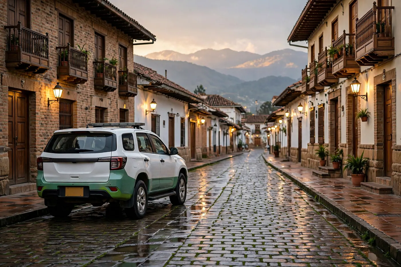 White SUV with a green lower panel parked on a wet cobblestone colonial street at dusk, mountains in the background
