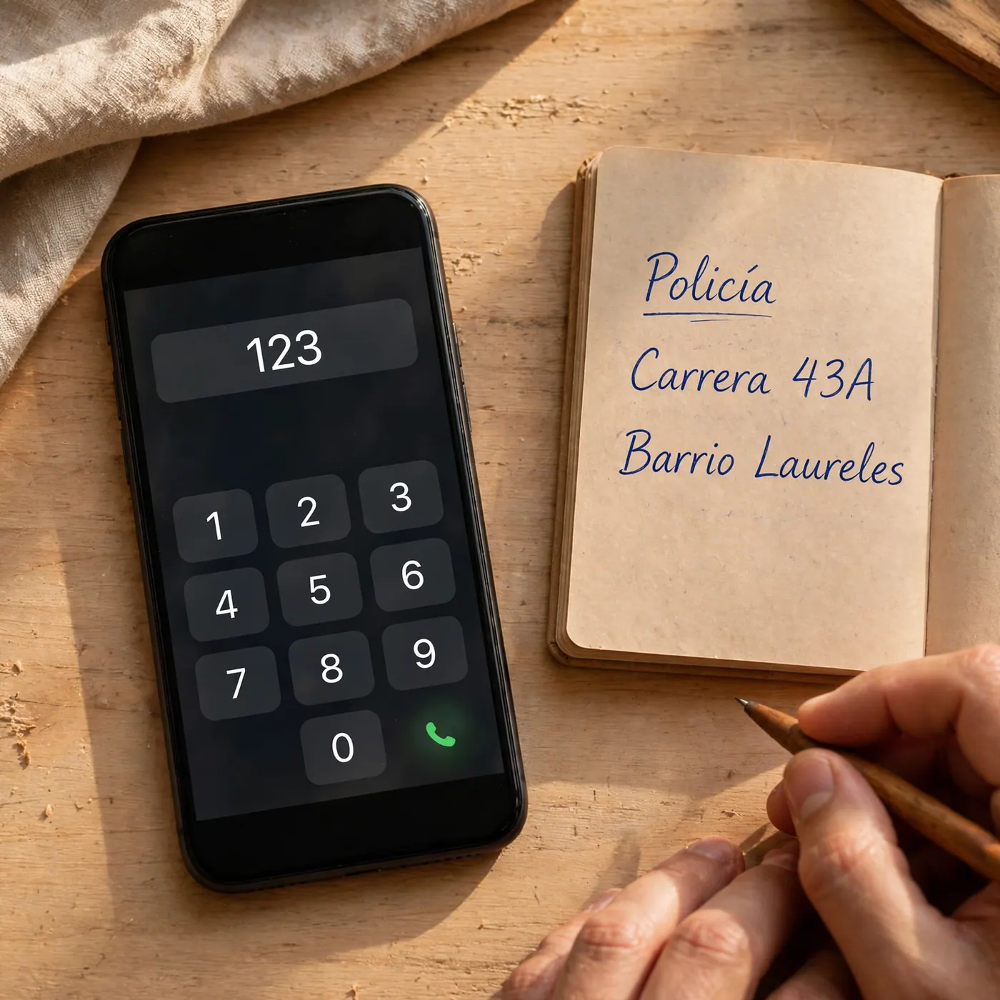 Smartphone keypad displaying 123 next to a notebook with Policía, Carrera 43A, Barrio Laureles