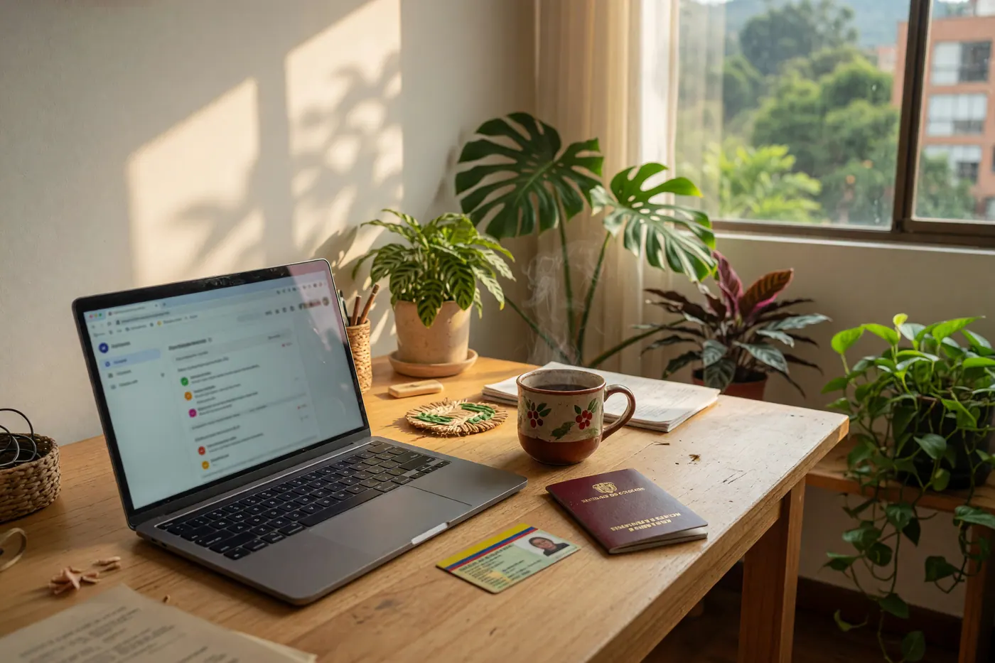 A modern desk workspace in Colombia with a laptop, a Colombian passport, a foreigner ID card, and a cup of coffee under warm sunlight.