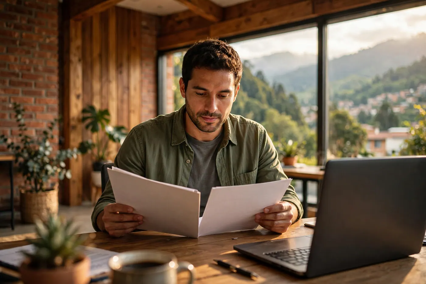 Man reviewing printed pages at a wooden desk beside an open laptop in a brick and timber office with mountains outside the windows