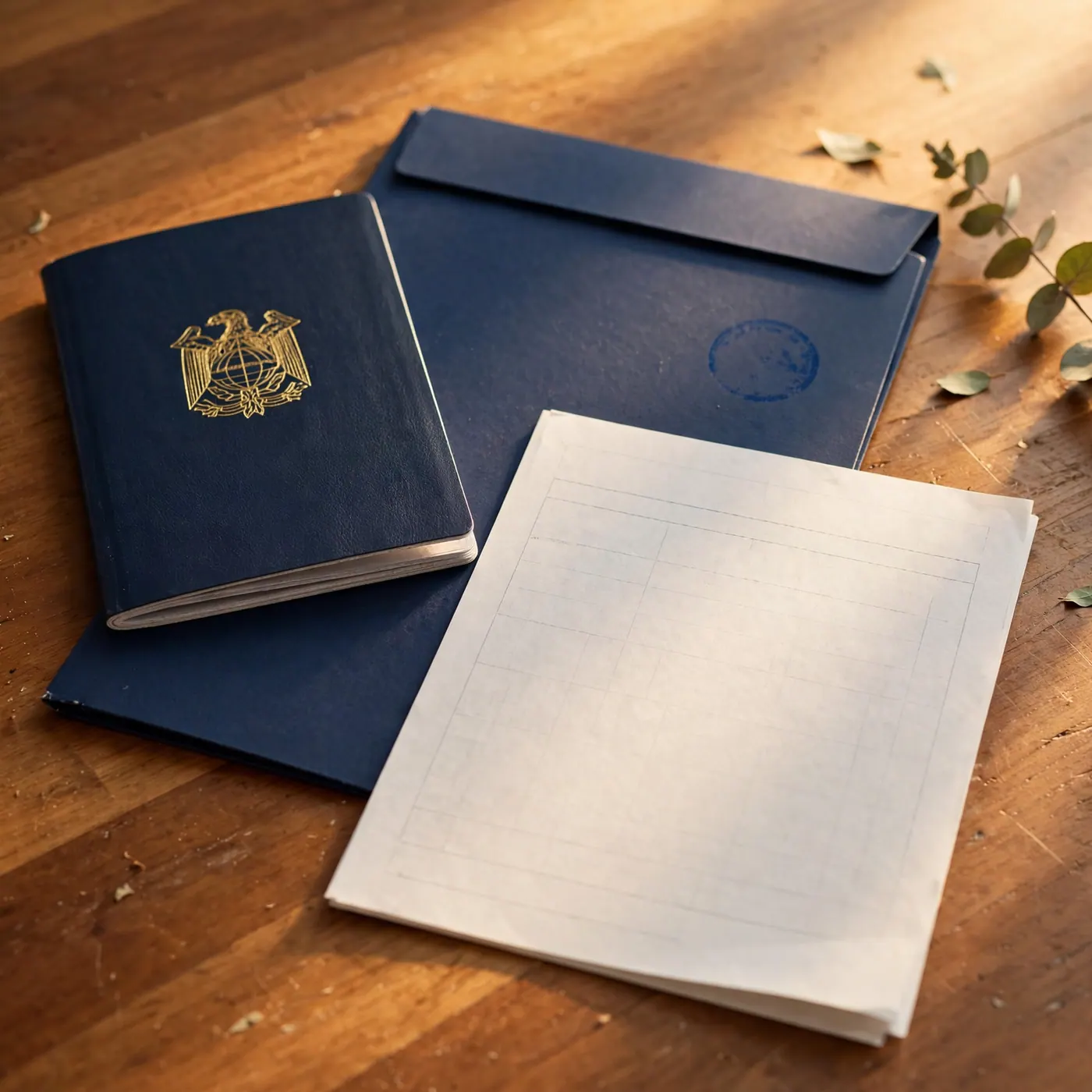 Closed navy passport, navy document folder with a blue stamp, and a blank grid form on a wooden desk in morning light