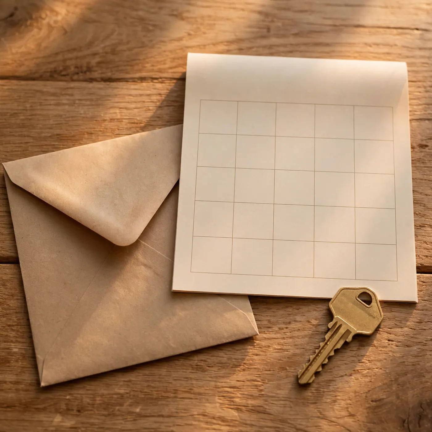 Unopened postal envelope beside a calendar page and a house key on a wooden table in daylight
