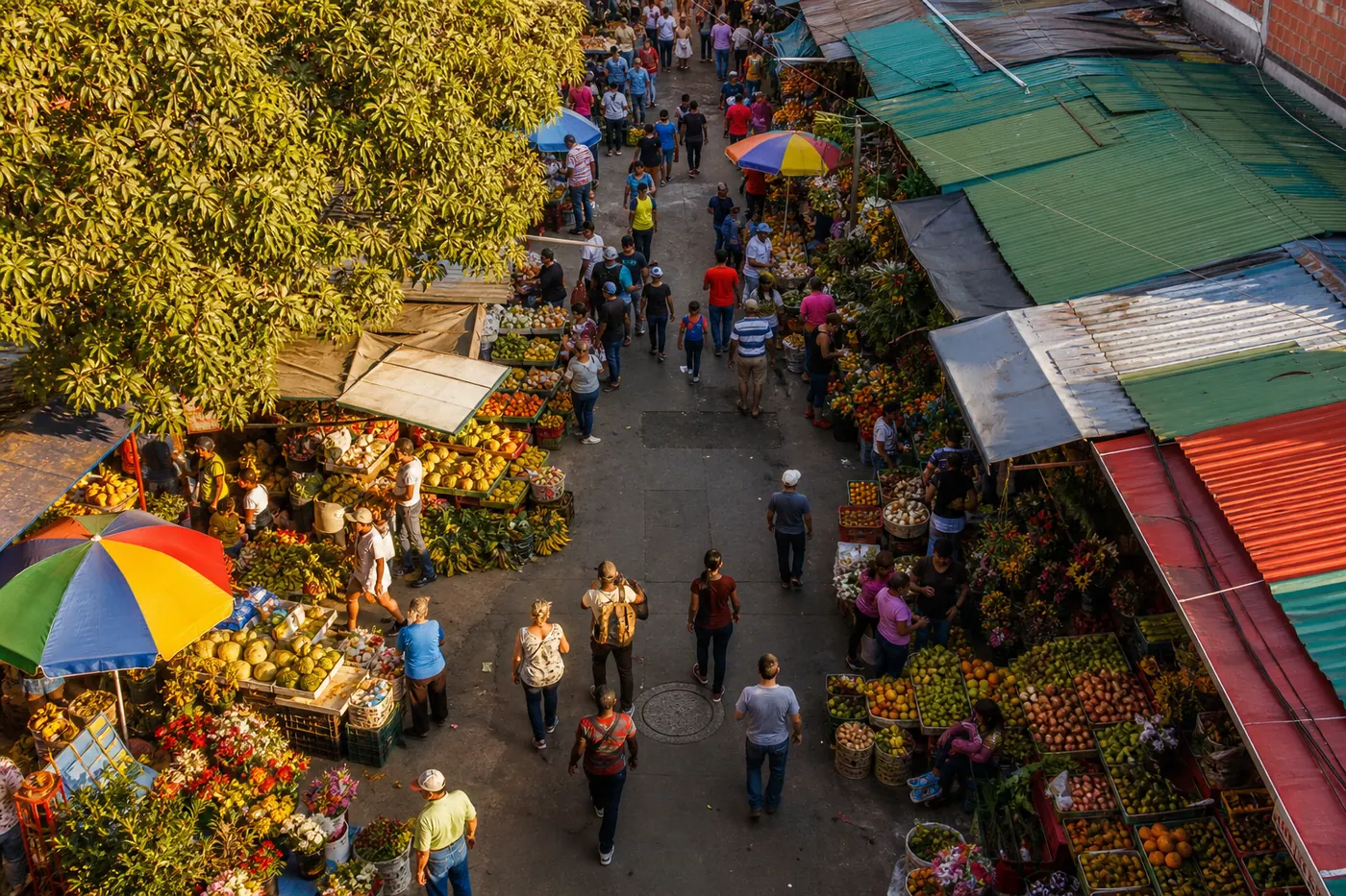 Aerial view of a colorful open-air market in Medellín, Colombia