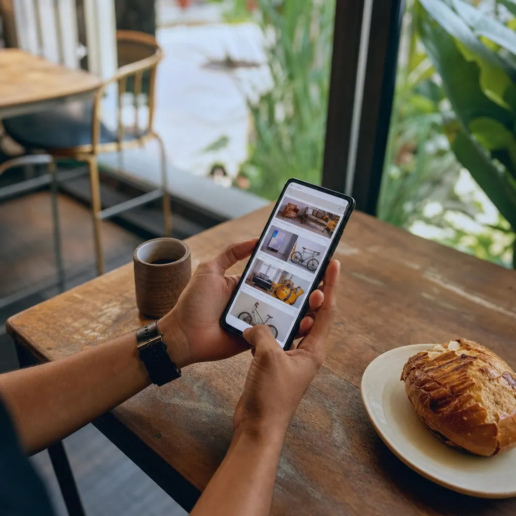 Person browsing a smartphone listings app at a Colombian café